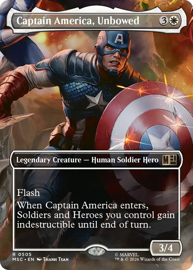 1x Captain America, Unbowed – Foil – Borderless MTG – Commander: Marvel Super He