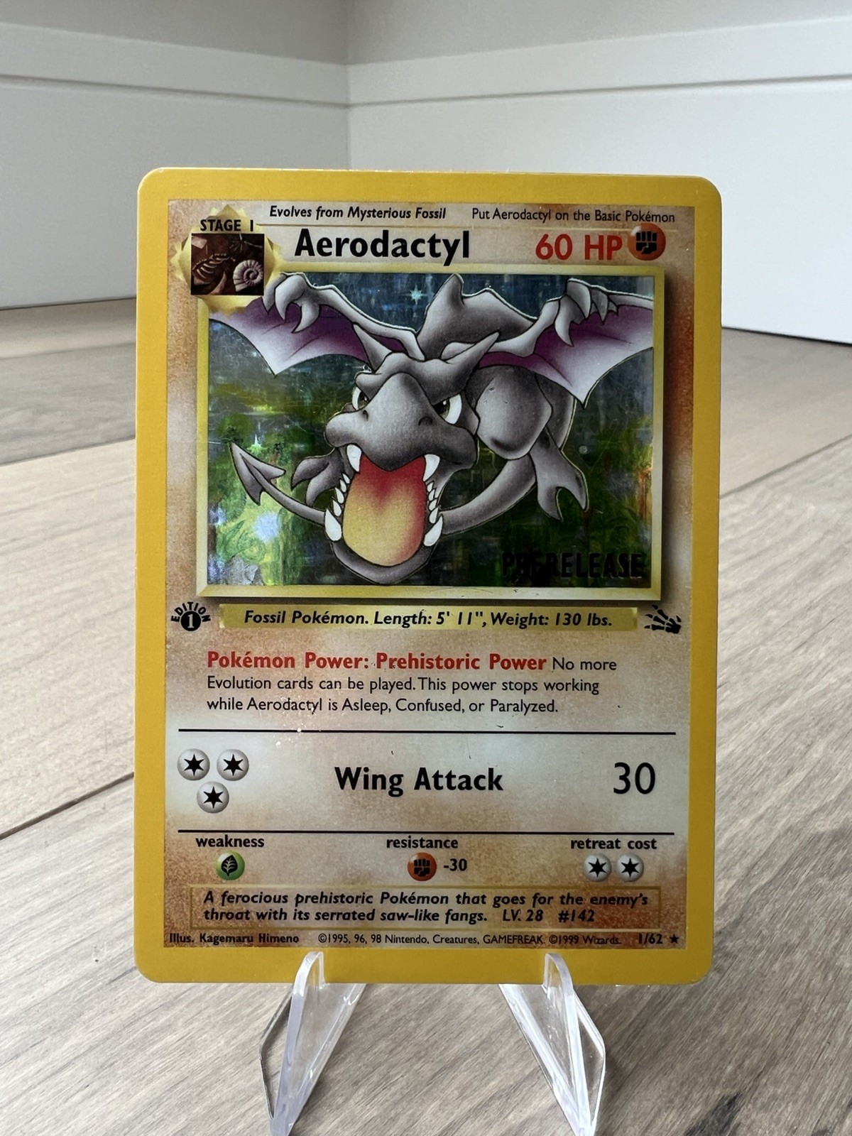 Pokémon TCG 1st Edition Prerelease Aerodactyl Fossil 1/62 Holo (Holo Bleed) Read