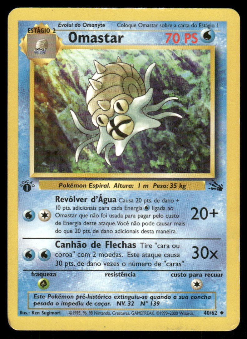 1999 Pokémon Fossil Omastar #40/62 1st Edition Portuguese – Raw Ungraded
