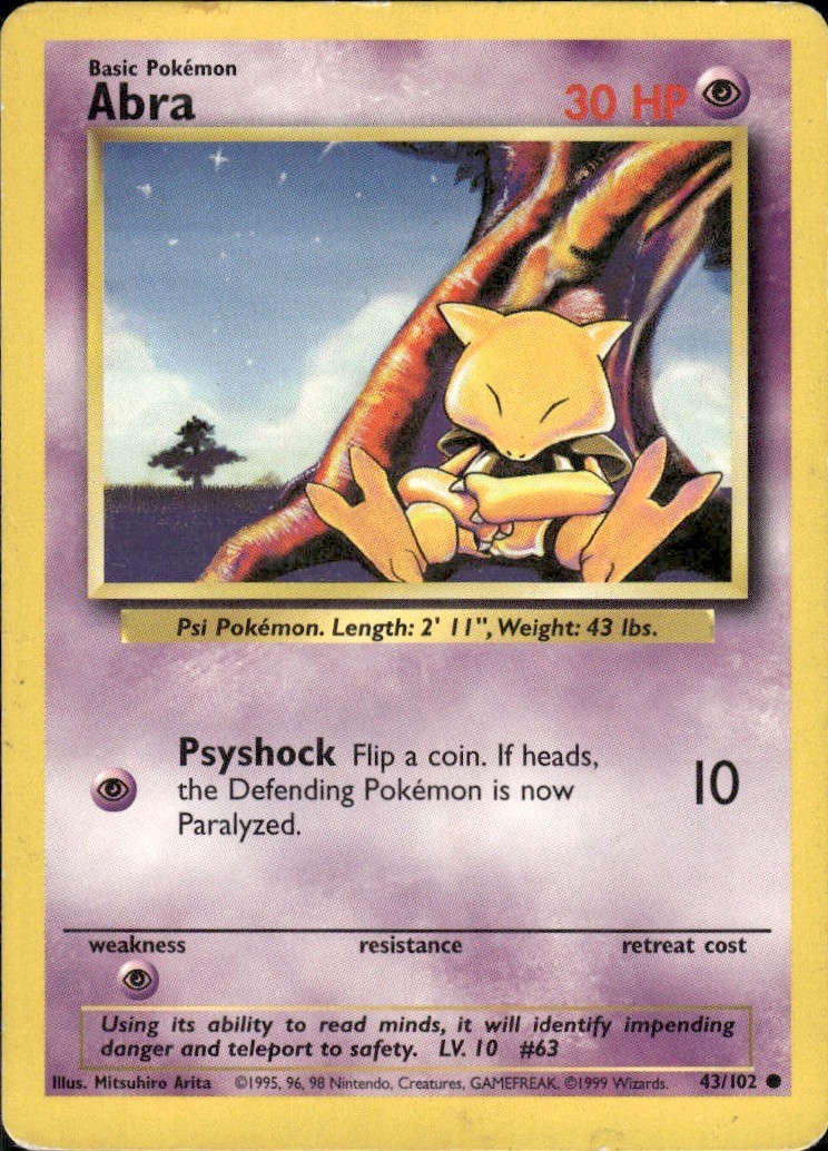 Abra 43/102 Common Base Set Unlimited Pokemon Damaged