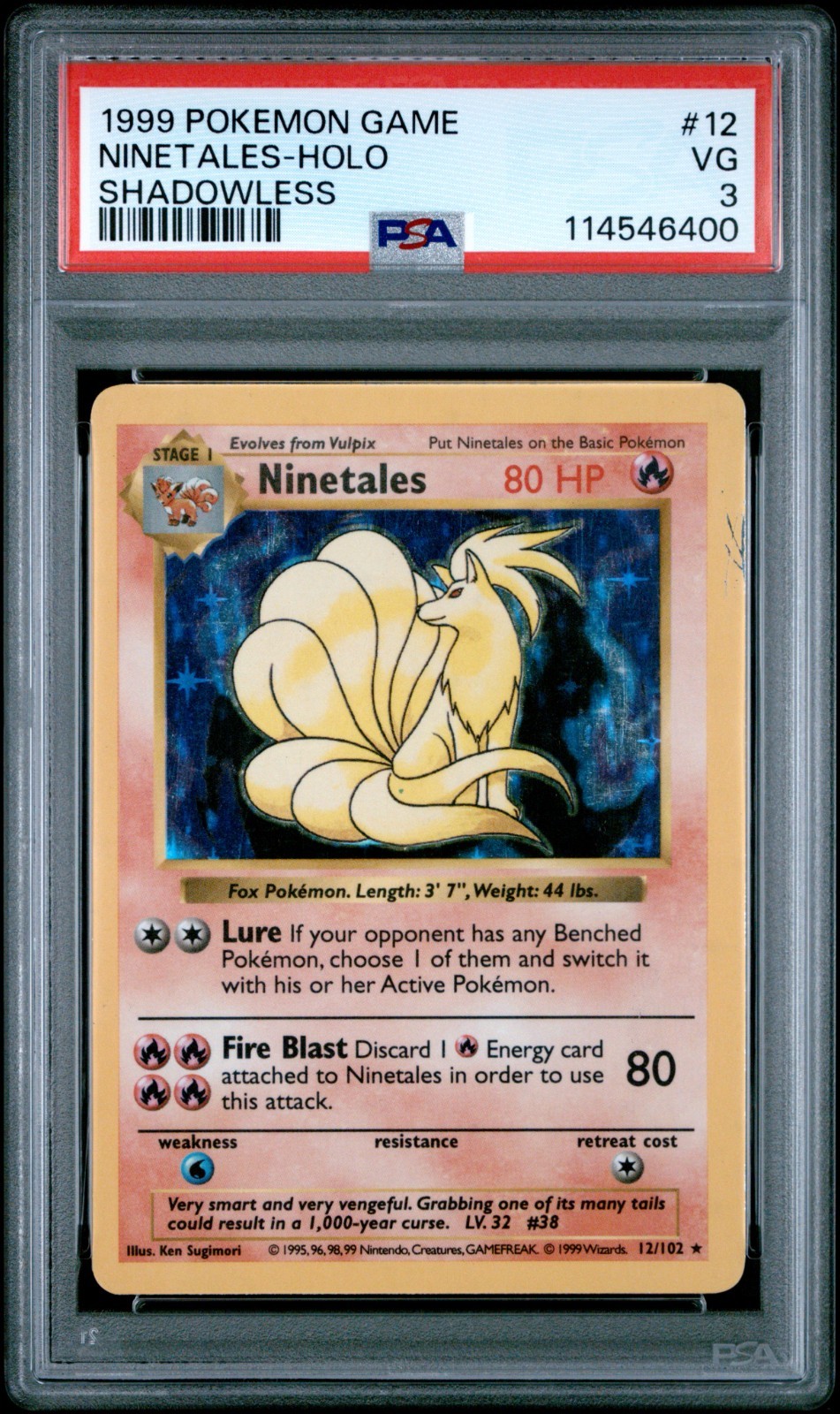 1999 POKEMON GAME #12 NINETALES-HOLO SHADOWLESS PSA VG 3