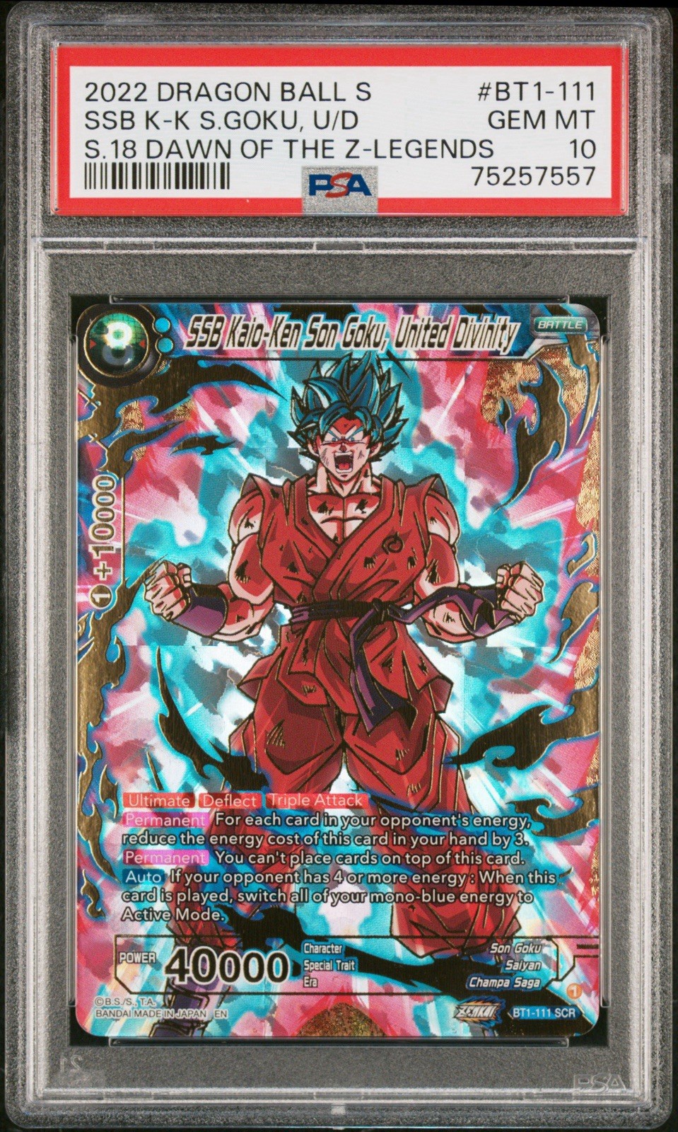 PSA 10: 2022 DBS Dawn Of Z-Legends BT1-111 SSB Kaio-Ken Son Goku United Divinity