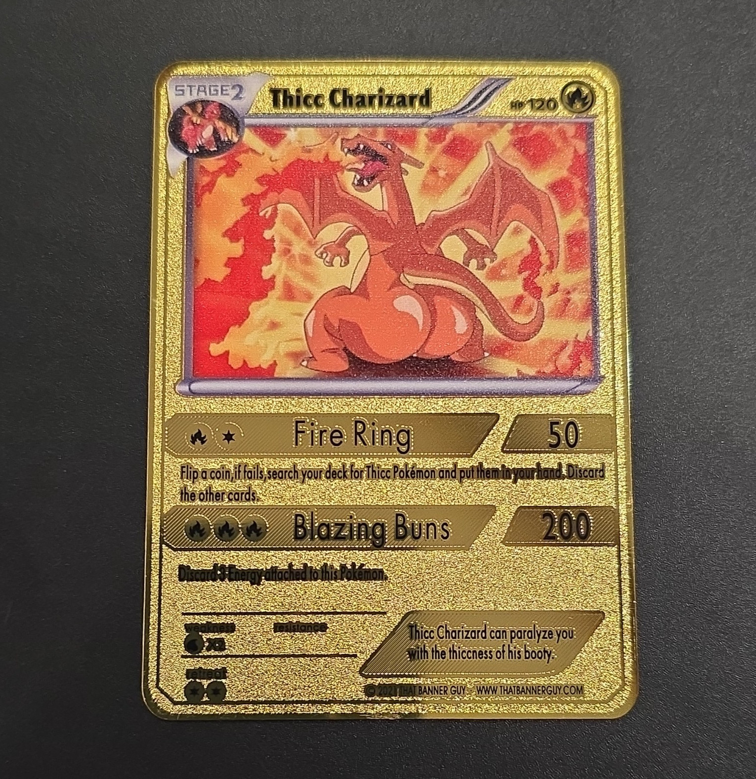 Pokémon Thicc Charizard Stage 2 120 HP Gold Metal Promo Custom Art English 2021