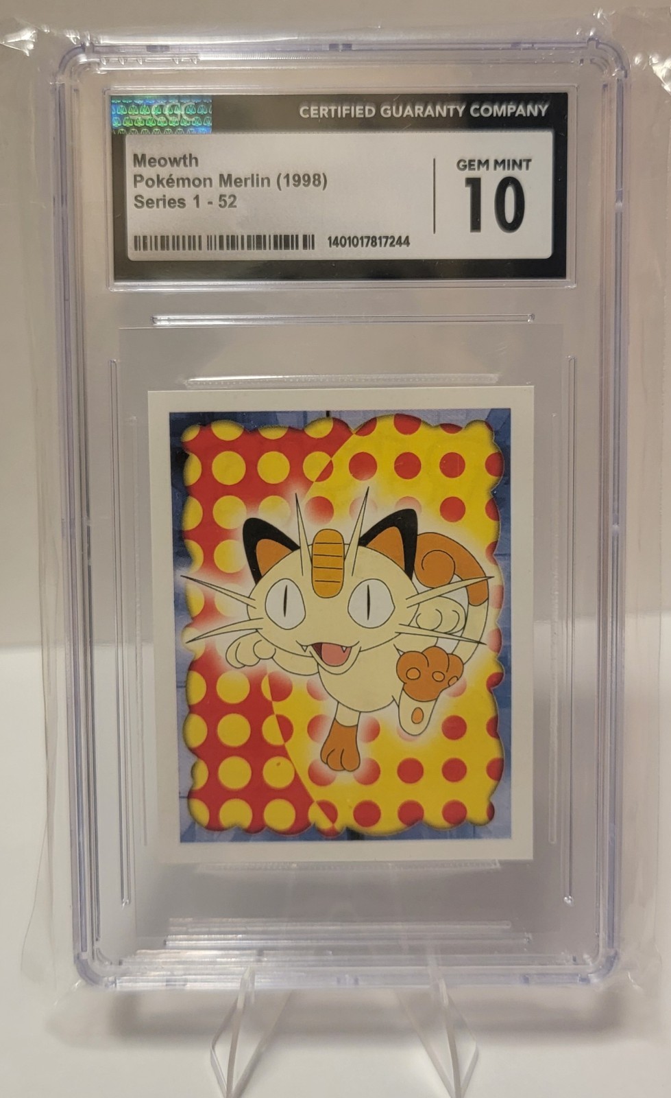 POKEMON SERIES 1, MERLIN TOPPS STICKER # 52, MEOWTH, YEAR 1998 CGC Gem Mint 10
