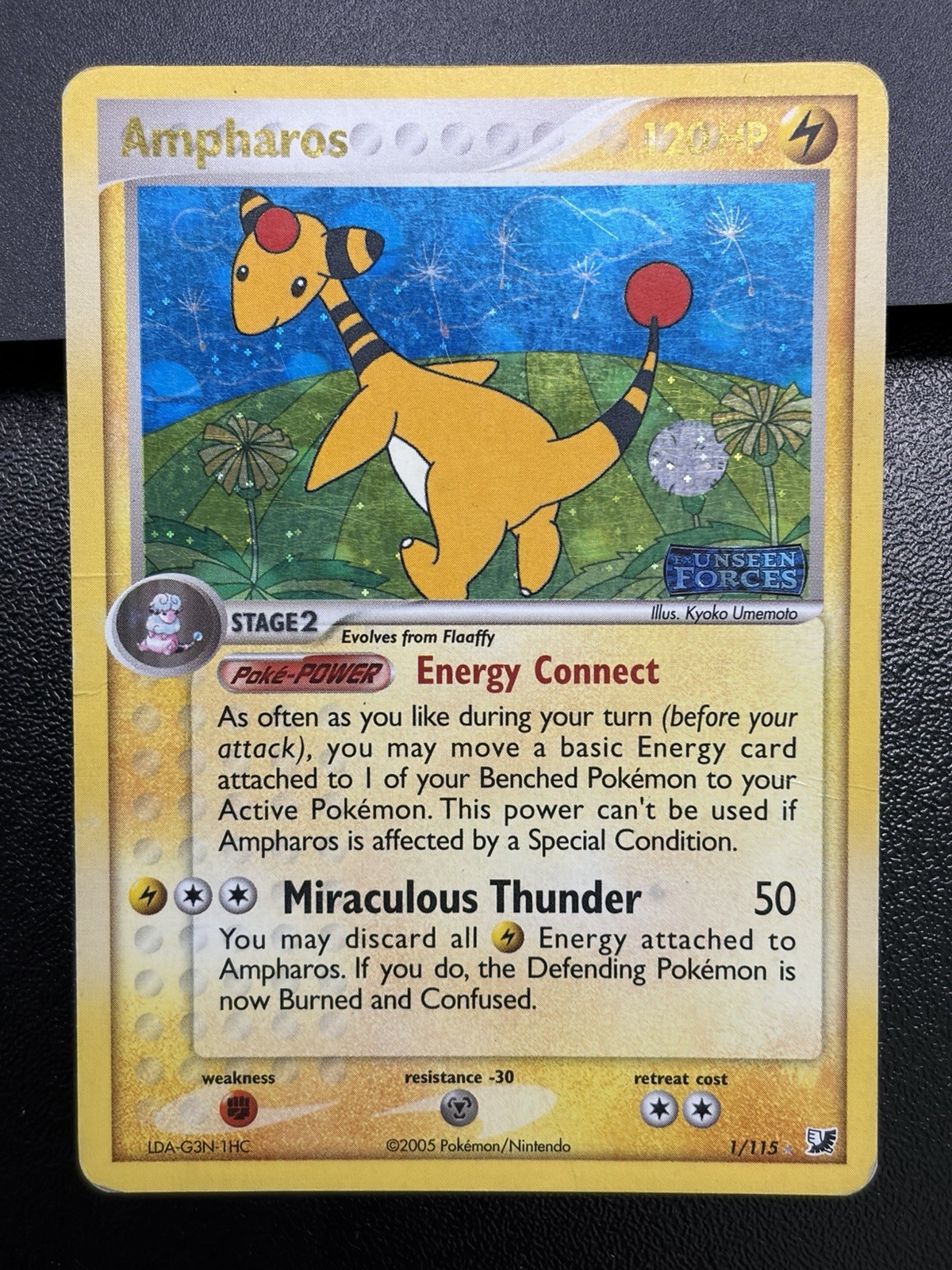 2005 AMPHAROS Pokemon Card #1 1/115 Unseen Forces Reverse Holo Stamped MP