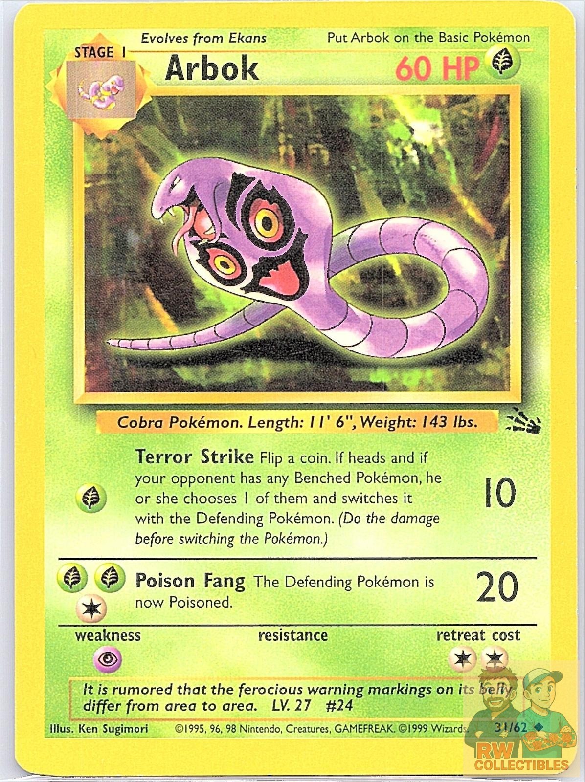Arbok 31/62 Uncommon Fossil Pokemon Unlimited Lightly Played