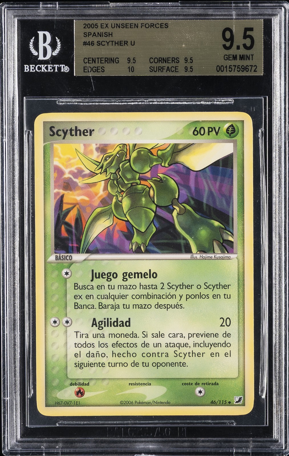 2005 POKEMON EX UNSEEN FORCES SPANISH U ##46 SCYTHER BGS 9.5