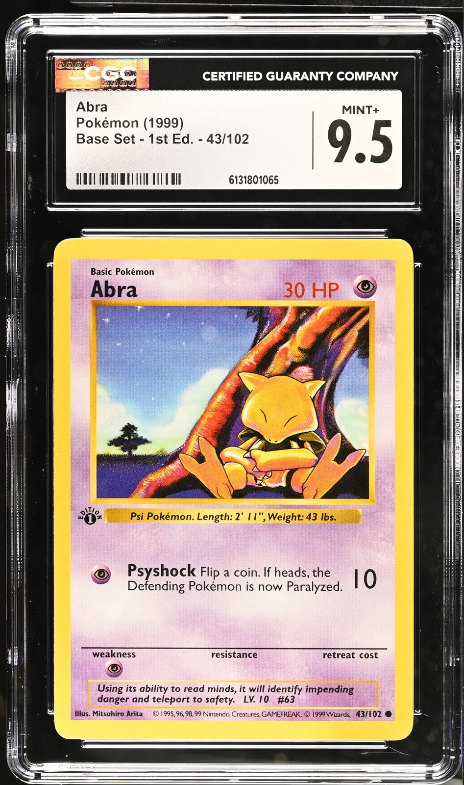 CGC 9.5 MINT+ Abra 43/102 1st Edition Shadowless Base Set Pokemon Card