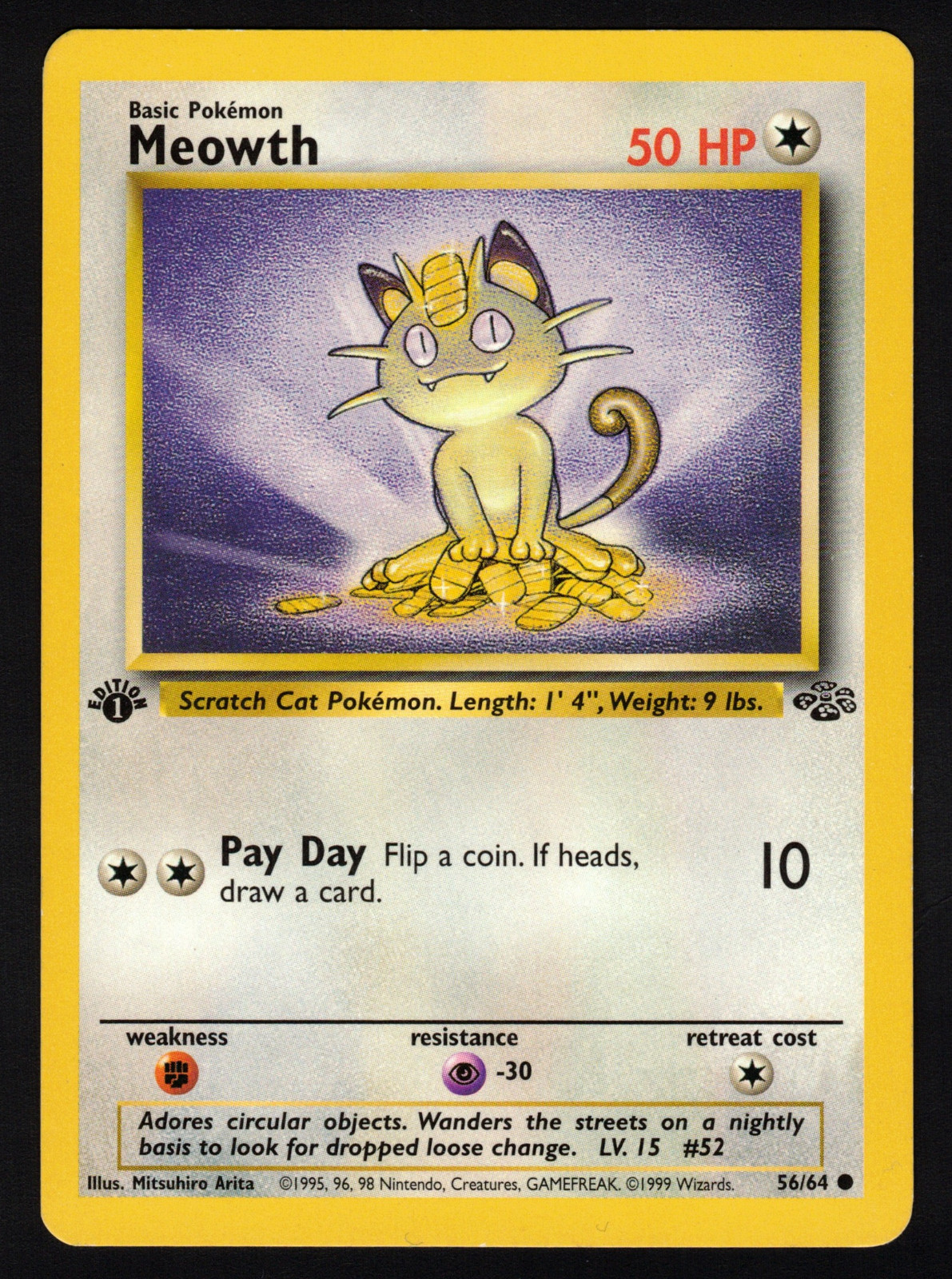 Meowth 56/64 Jungle Common 1st Edition LP Pokemon Card