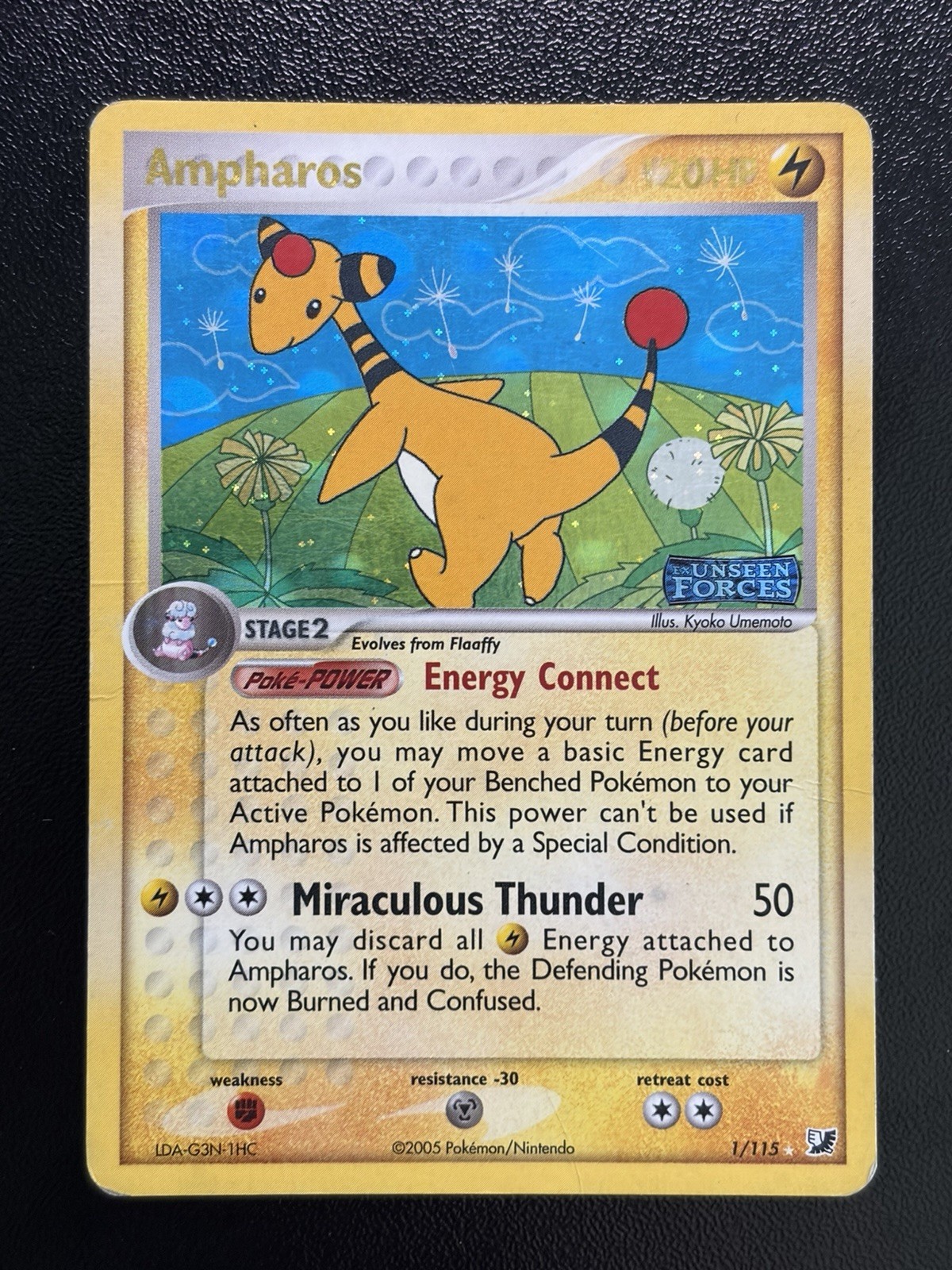 2005 AMPHAROS Pokemon Card #1 1/115 Unseen Forces Reverse Holo Stamped MP