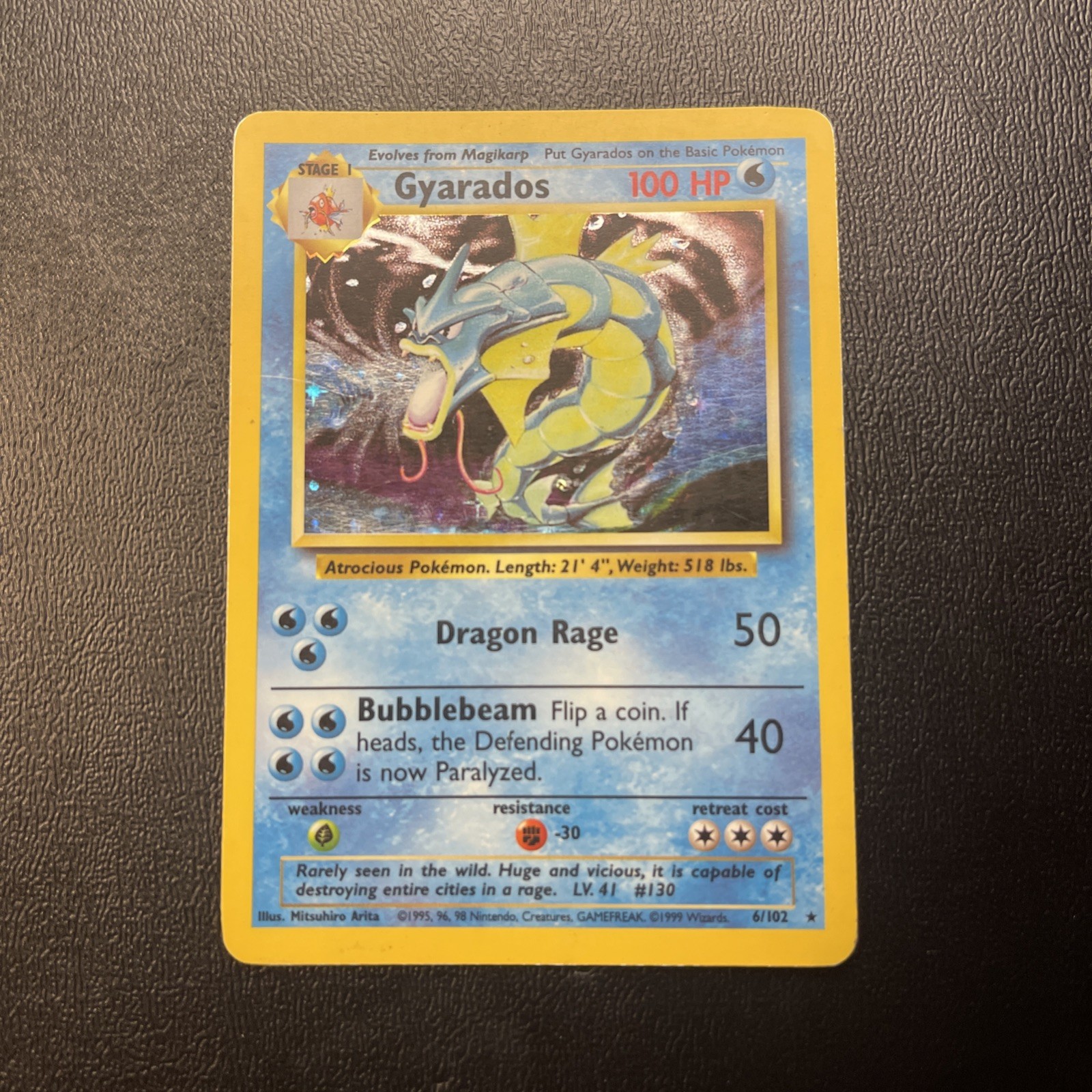 1999 Pokémon Gyarados Base Set Holo Card 006/102