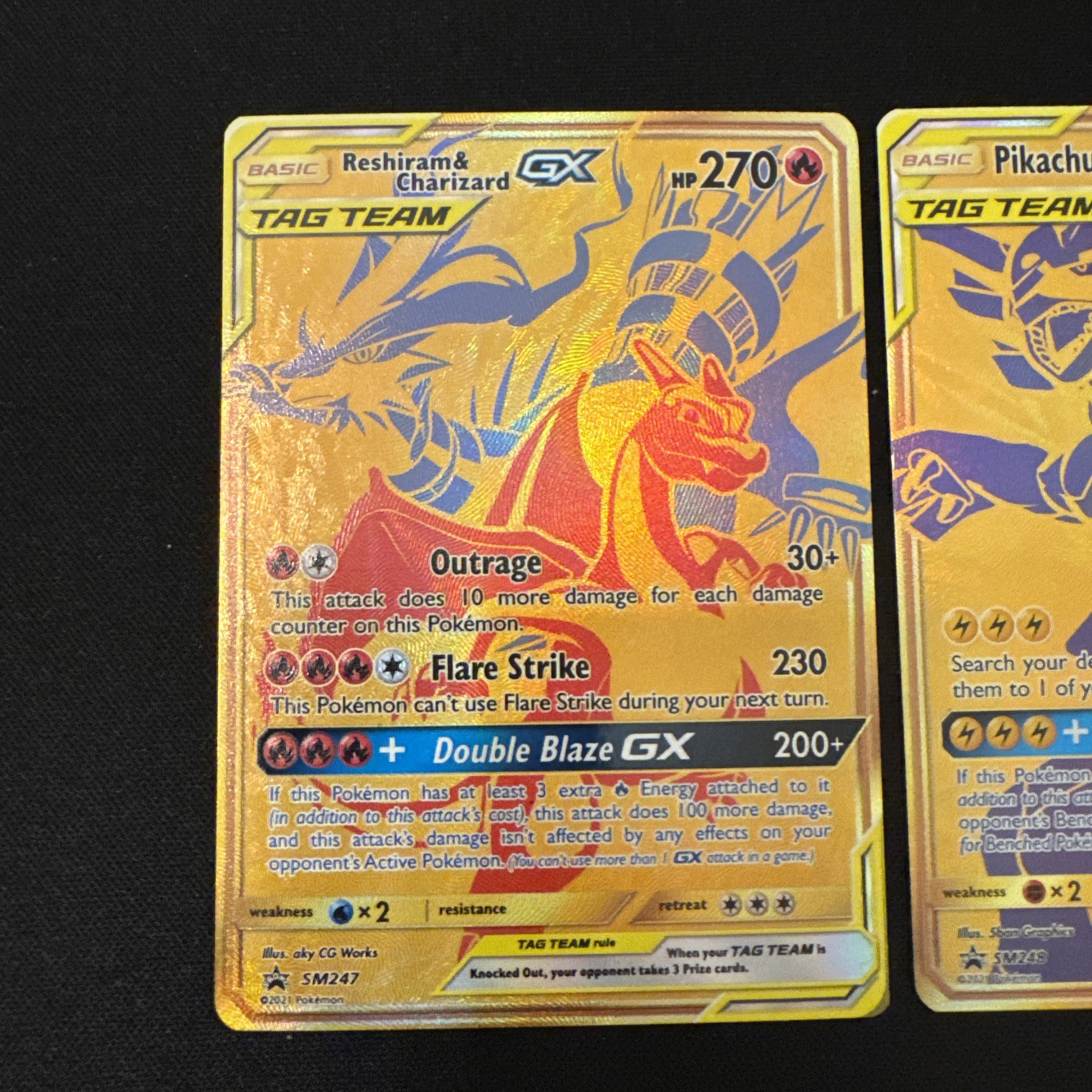 Pokémon TCG Reshiram & Charizard GX SM248, Pikachu & Zekrom GX SM247 Tag Team NM