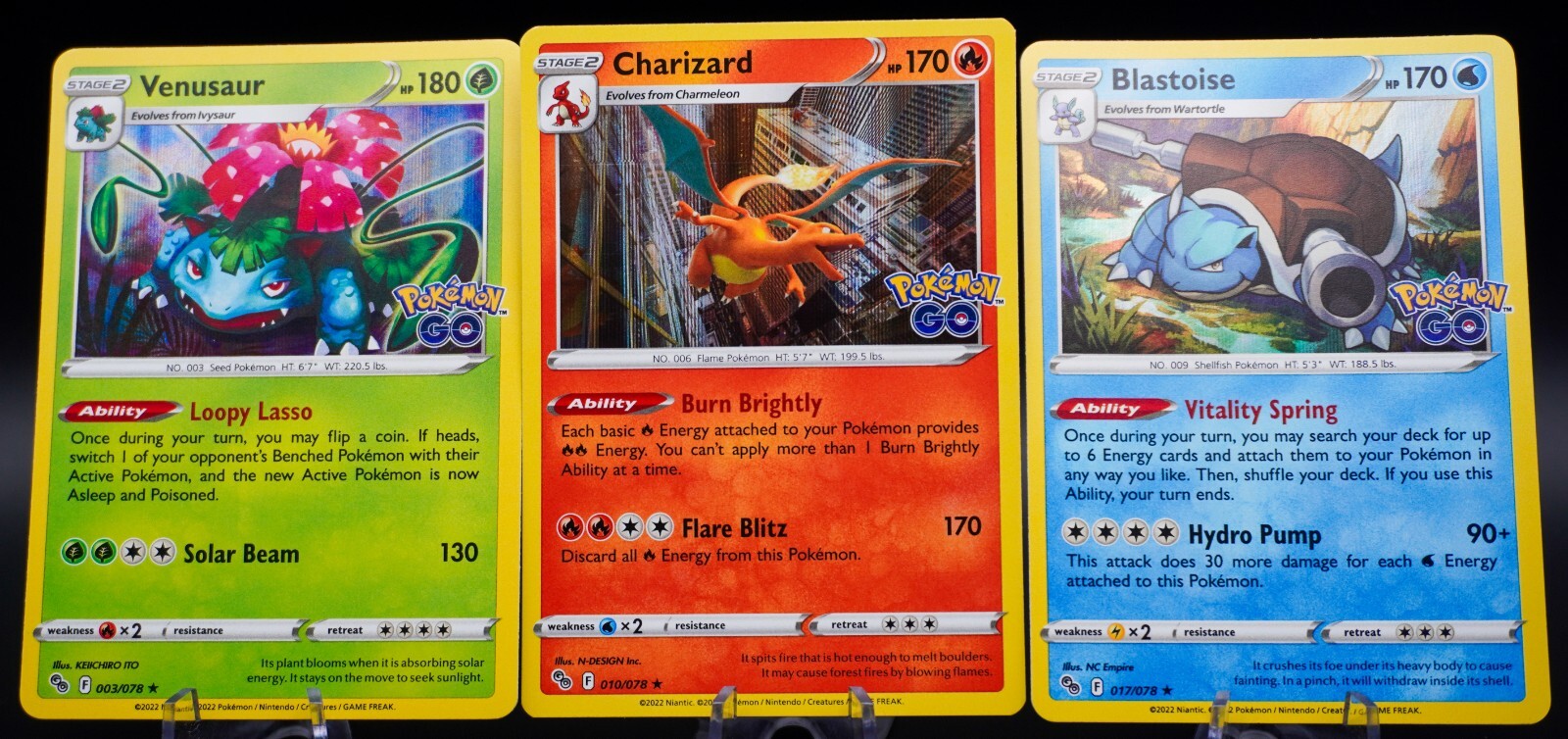Charizard 010/078 Venusaur 003/078 Blastoise 017/078 3x Card Set Holo Pokemon GO
