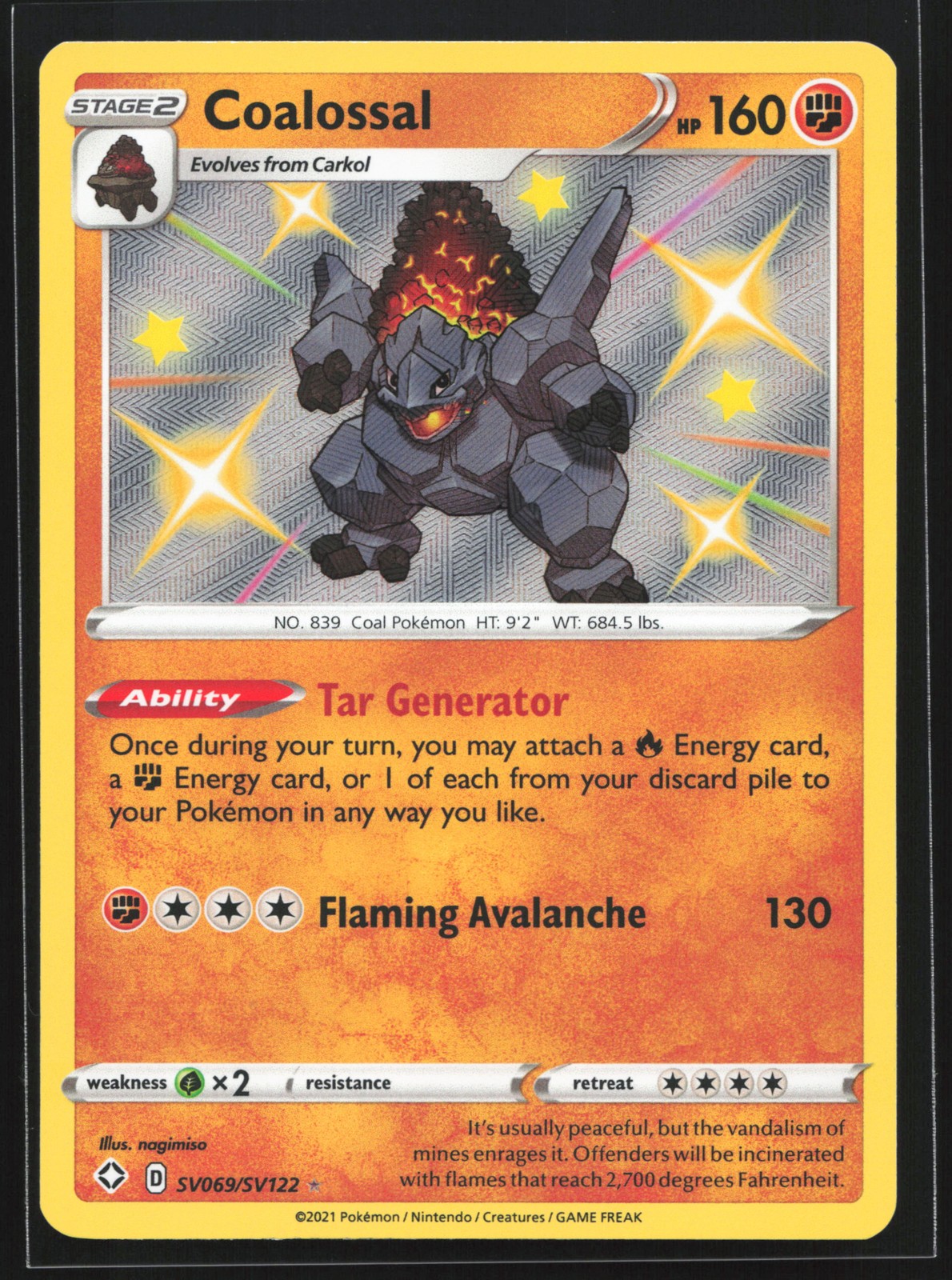 Coalossal SV069/SV122 Shining Fates: Shiny Vault Shiny Holo Rare Pokemon Card