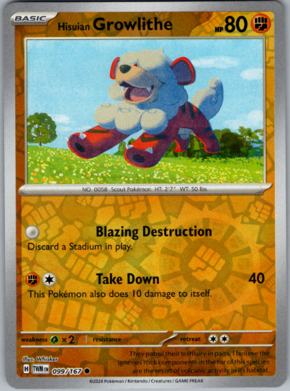 Pokemon – Hisuian Growlithe 099/167 – Reverse Holo – Twilight Masquerade – NM
