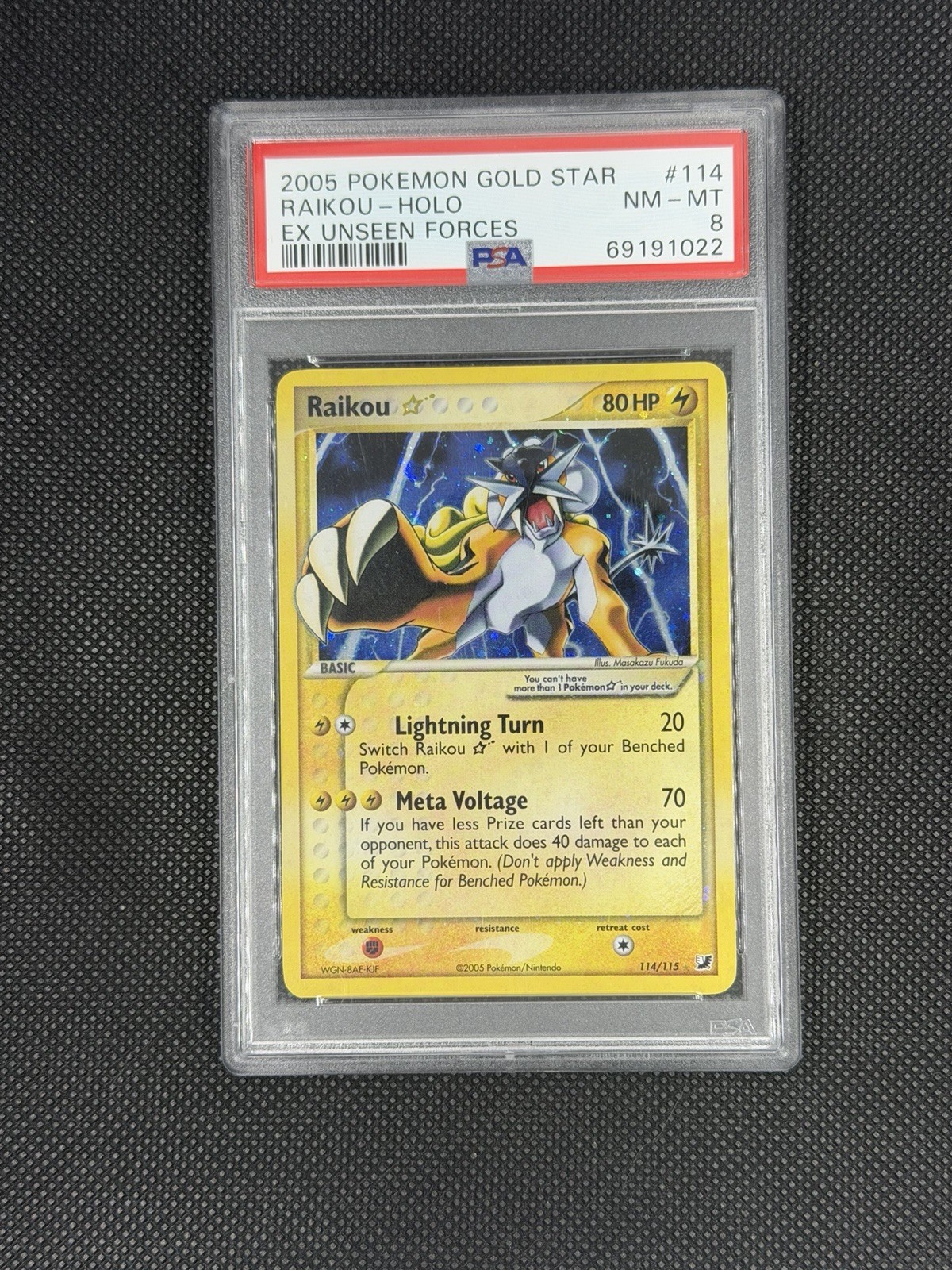 2005 Pokemon EX Unseen Forces Raikou Gold Star Holo #114/115 PSA 8