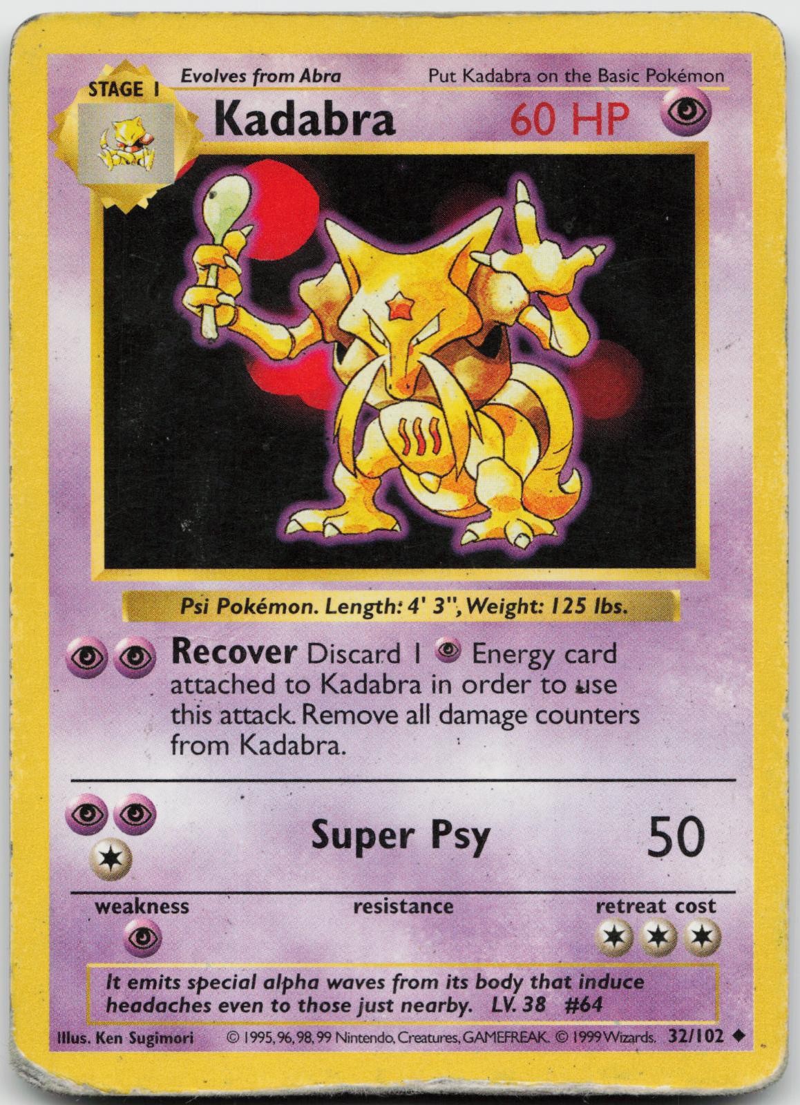 Kadabra 32/102 Uncommon Base Set Shadowless Pokemon Unlimited Damaged