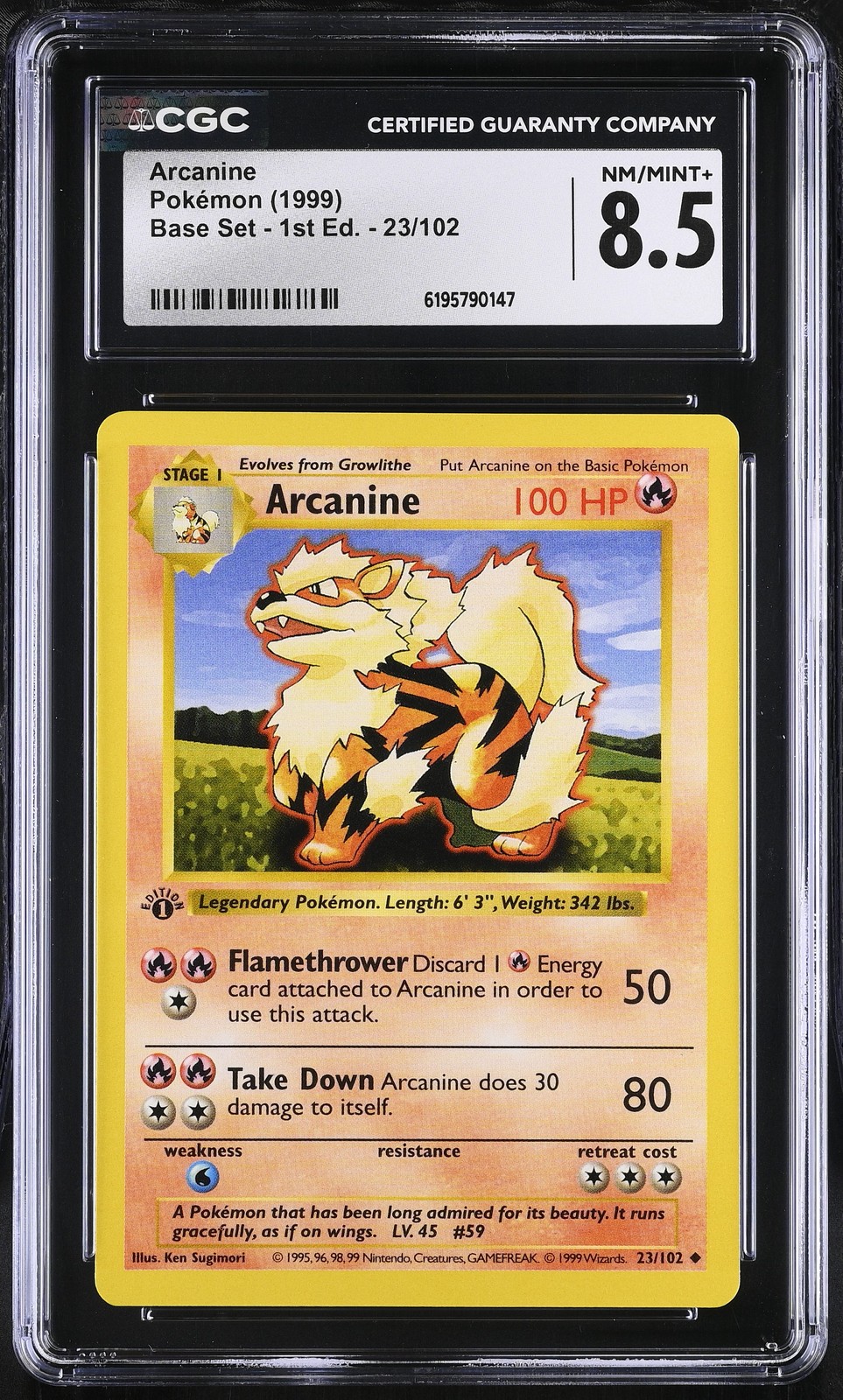 CGC 8.5 NM/MINT+ Arcanine 23/102 Base Set 1st Edition Shadowless Pokemon Card