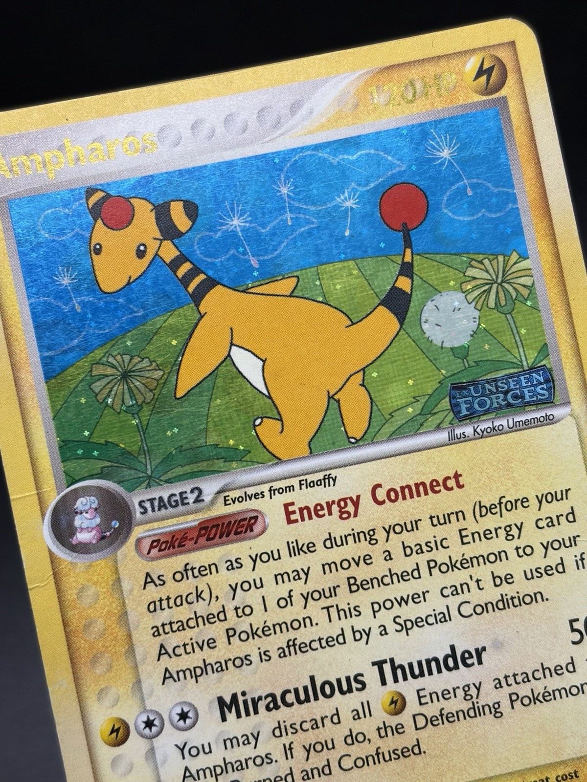 2005 AMPHAROS Pokemon Card #1 1/115 Unseen Forces Reverse Holo Stamped MP