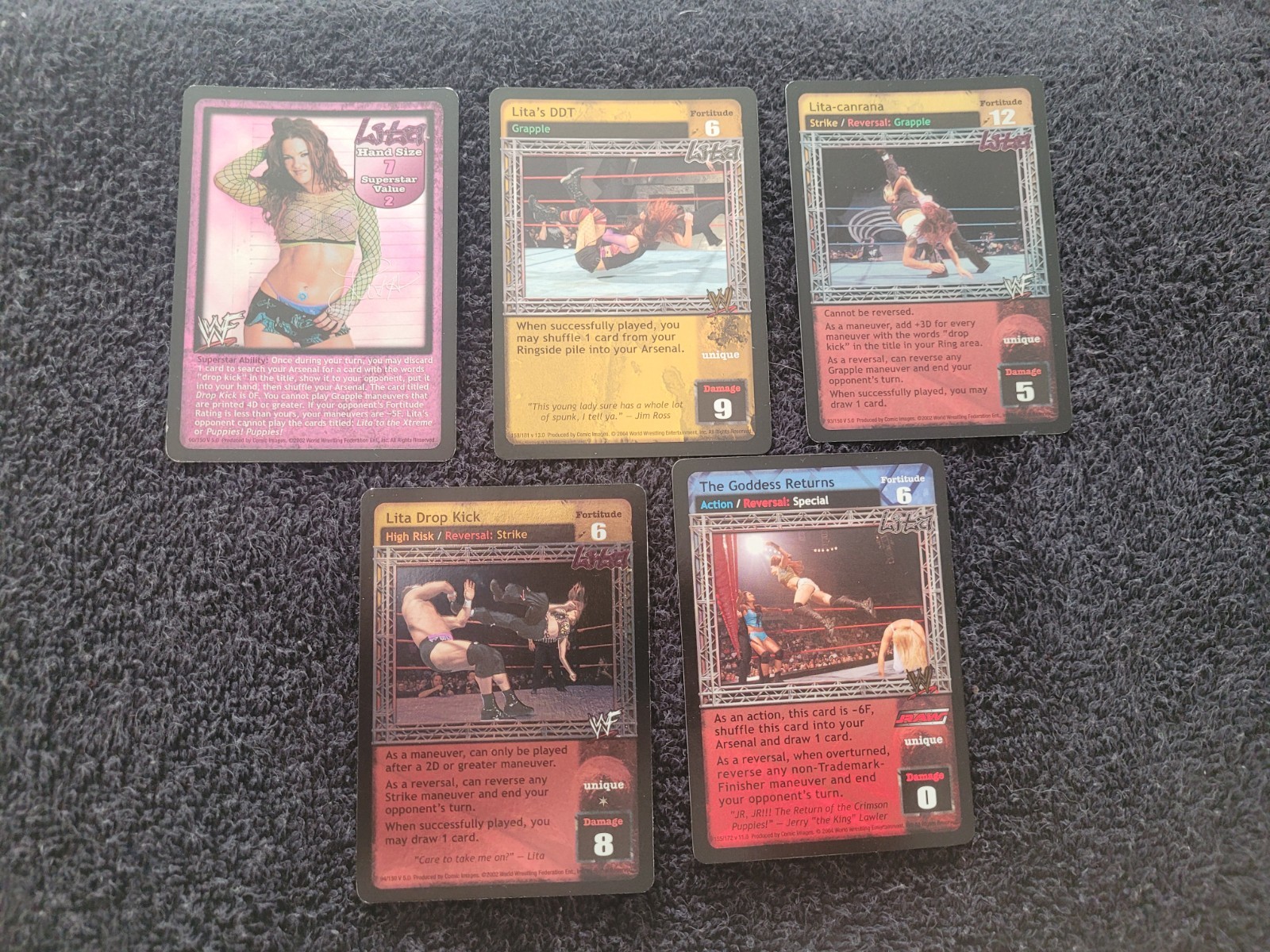WWE/WWF Raw Deal CCG Lita Superstar 5 Card Set Sale. DDT, Canrana, Drop Kick