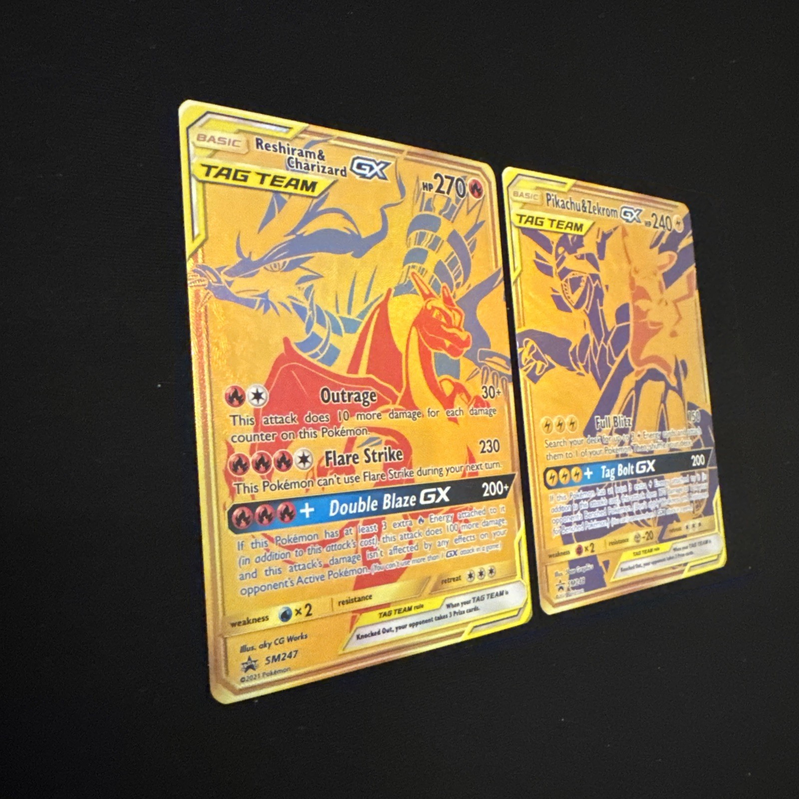 Pokémon TCG Reshiram & Charizard GX SM248, Pikachu & Zekrom GX SM247 Tag Team NM