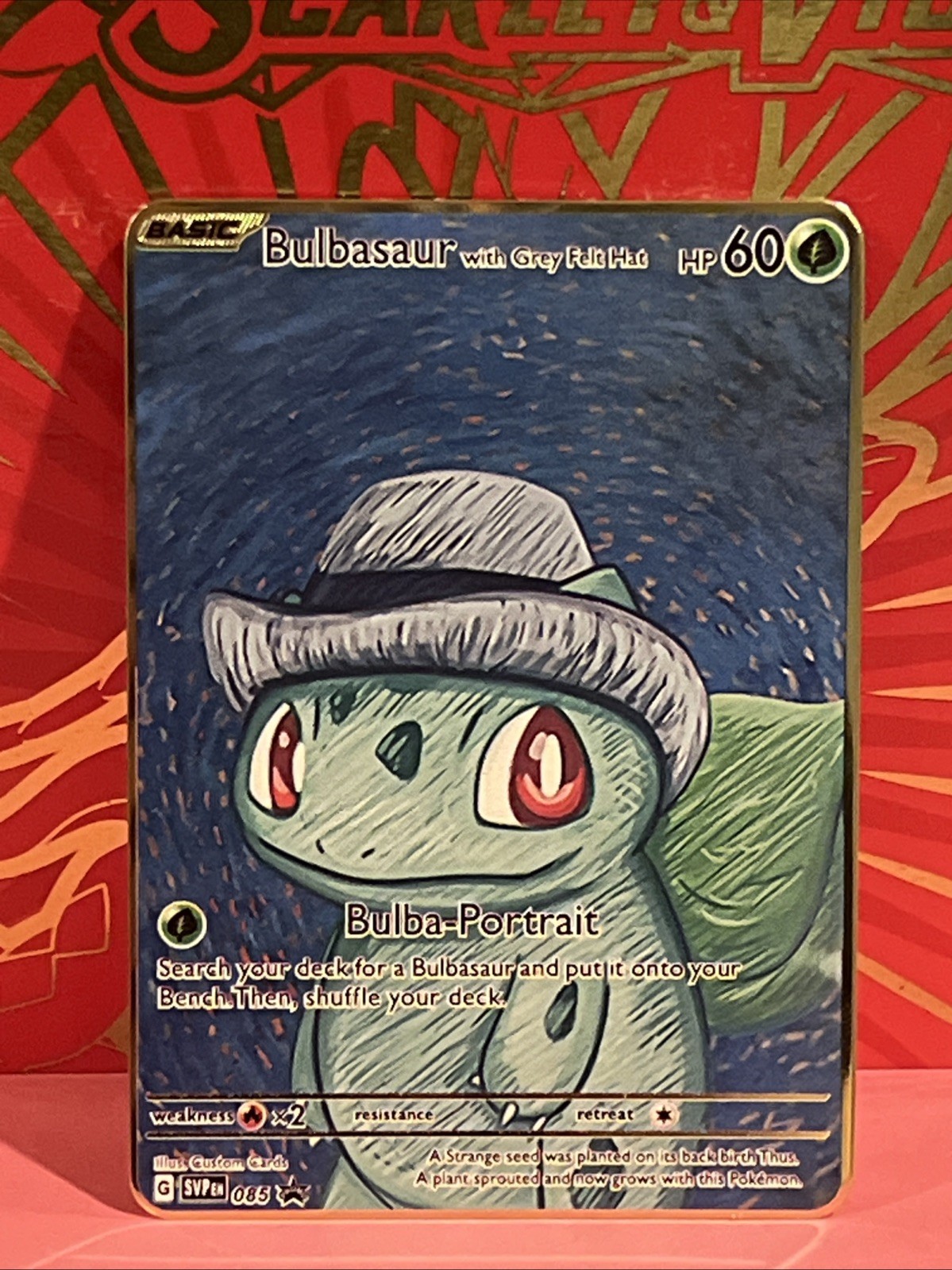 Pokemon Inspired Metal Card Bulbasaur With Grey Felt Hat For Gift / Display