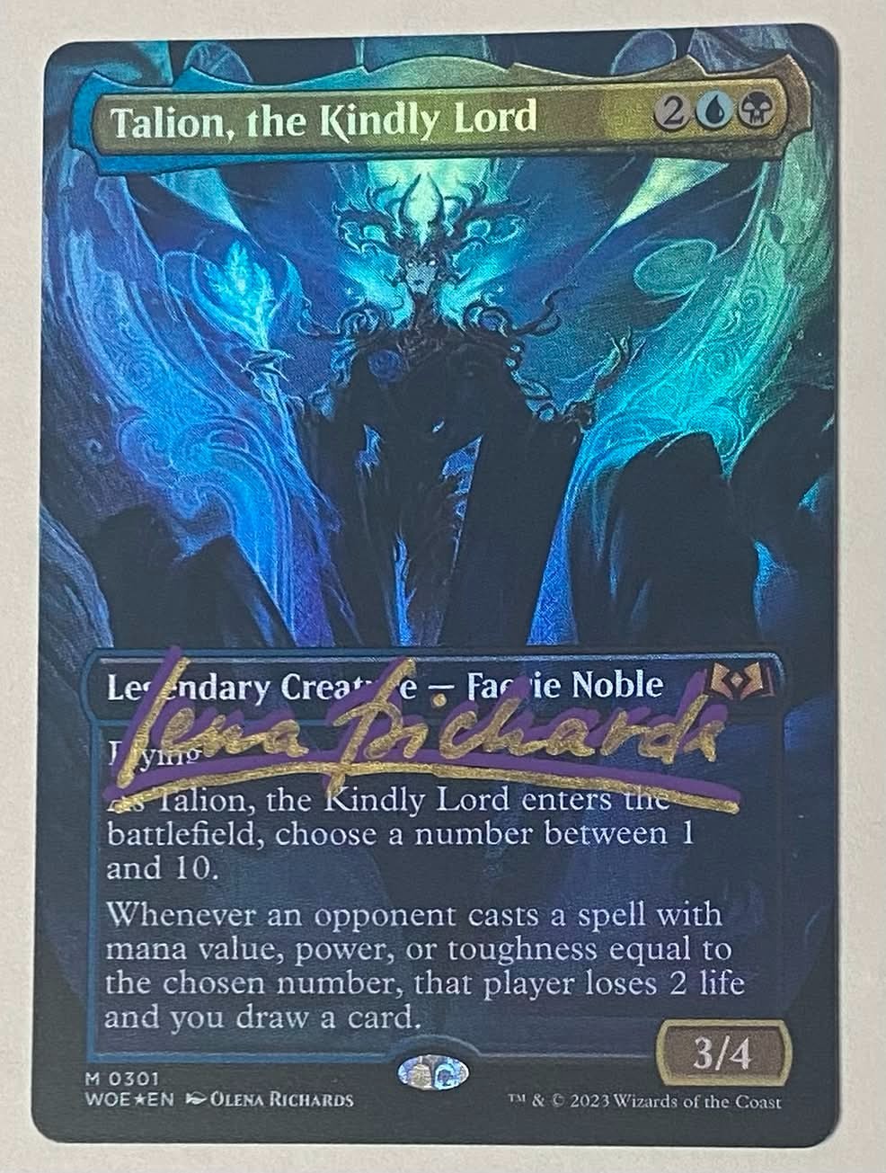 MTG PURPLE AND GOLD SHADOW SIGNED TALION, THE KINDLY LORD (Borderless) (Foil) NM