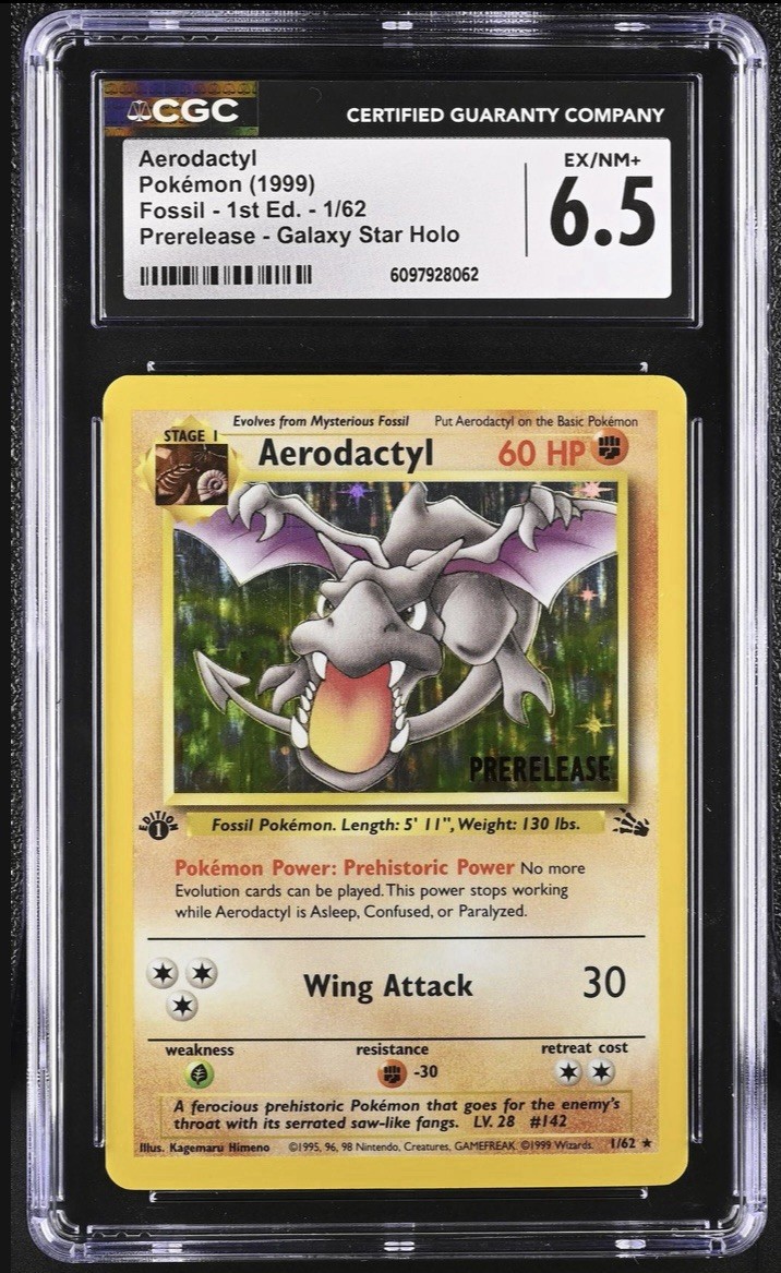 1999 POKEMON FOSSIL 1ST EDITION-PRERELEASE #1 AERODACTYL-HOLO CGC 6.5/W Subgrade