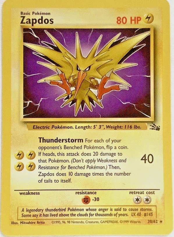 Pokémon TCG – Zapdos – 30/62 – Rare Unlimited – Fossil Unlimited [Light Play]