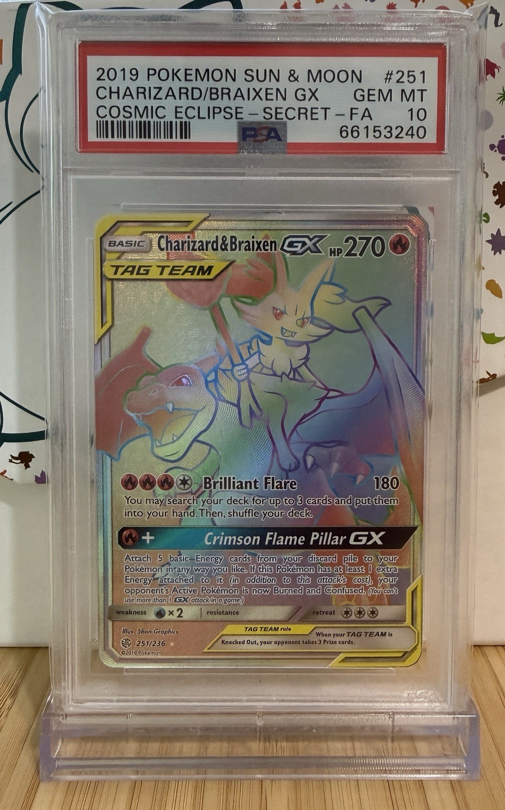 CHARIZARD & BRAIXEN GX Secret Rare 251 PSA 10 SUN & MOON COSMIC ECLIPSE FULL ART