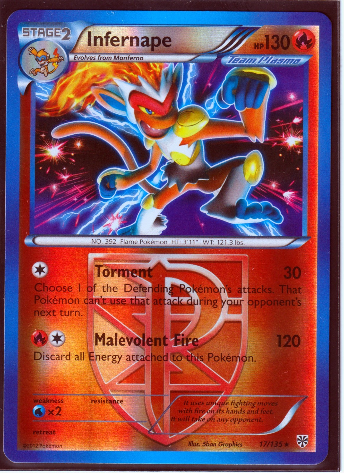 2012 POKEMON INFERNAPE (Team Plasma) 17/135 PLASMA STORM- RARE-REVERSE HOLO- NM