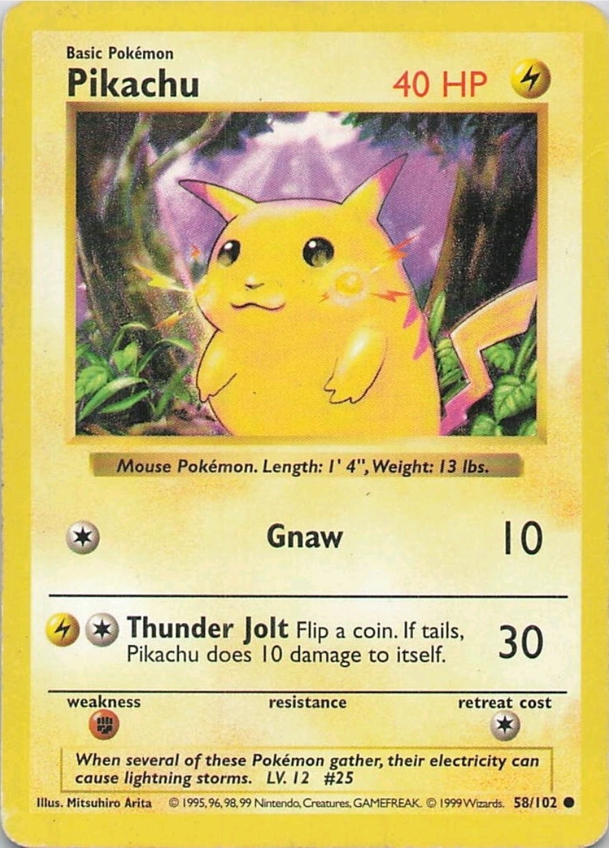 PIKACHU 58/102 SHADOWLESS Yellow Cheeks Base Set WOTC Pokemon Card 1999