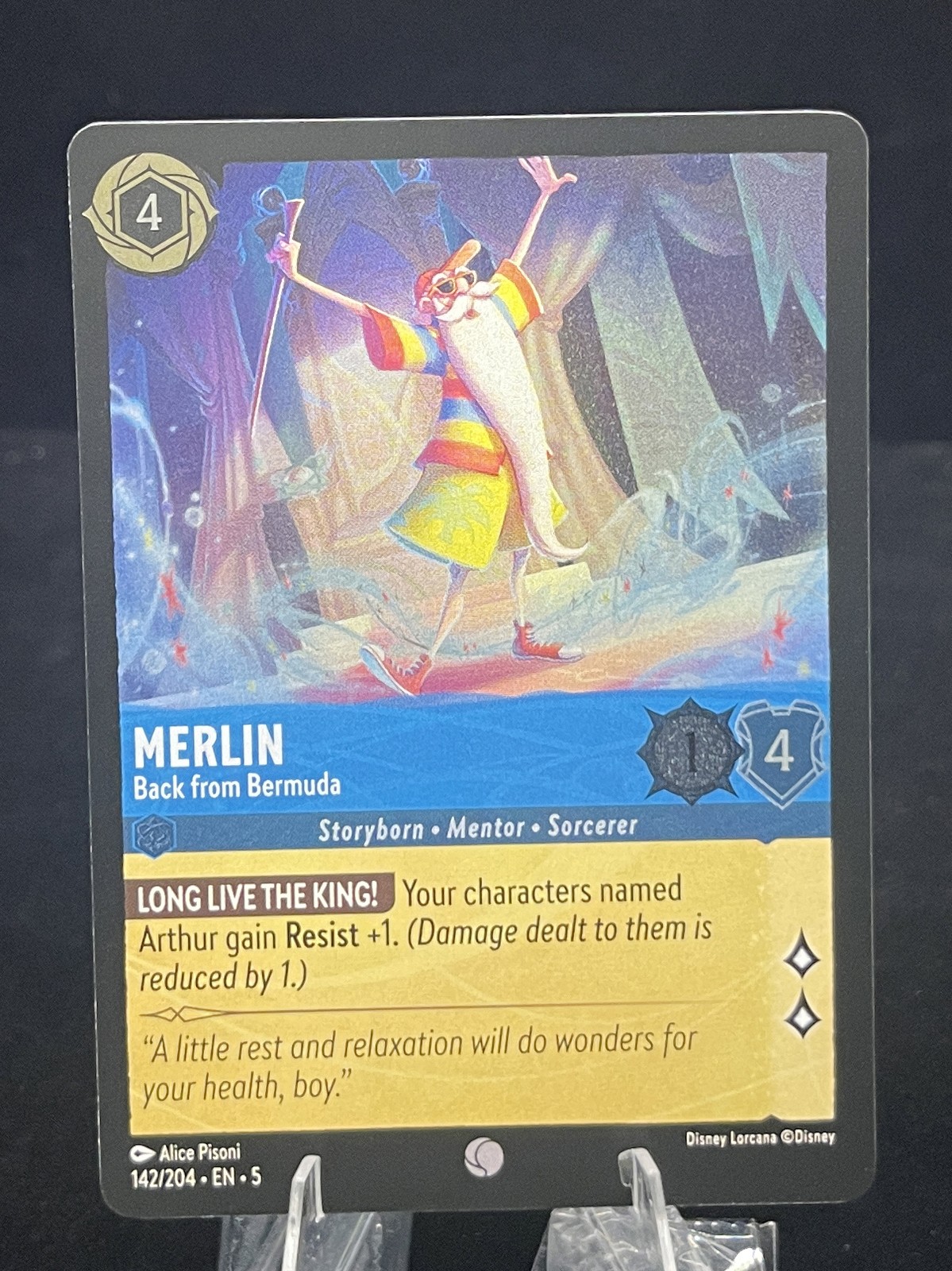 Disney Lorcana-Shimmering Skies-Merlin-Back From Bermuda-#142-Cold Foil Holo-NM