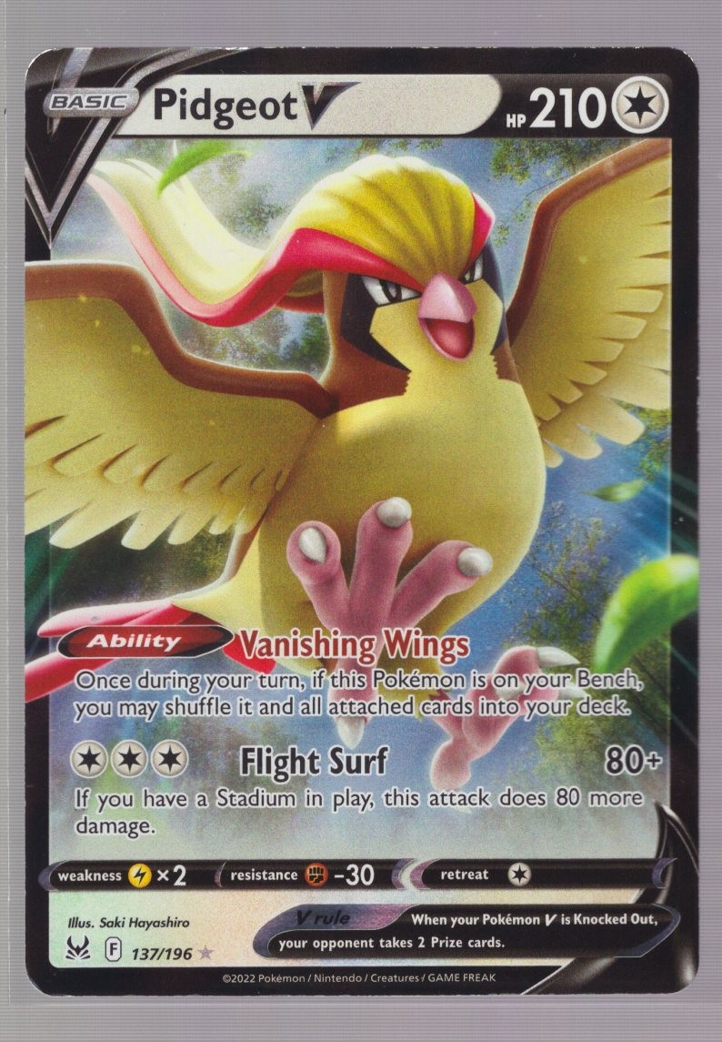 PIDGEOT V 137/196 HOLO V RARE LOST ORIGIN 2022 POKEMON V RARE SAKI HAYASHIRO