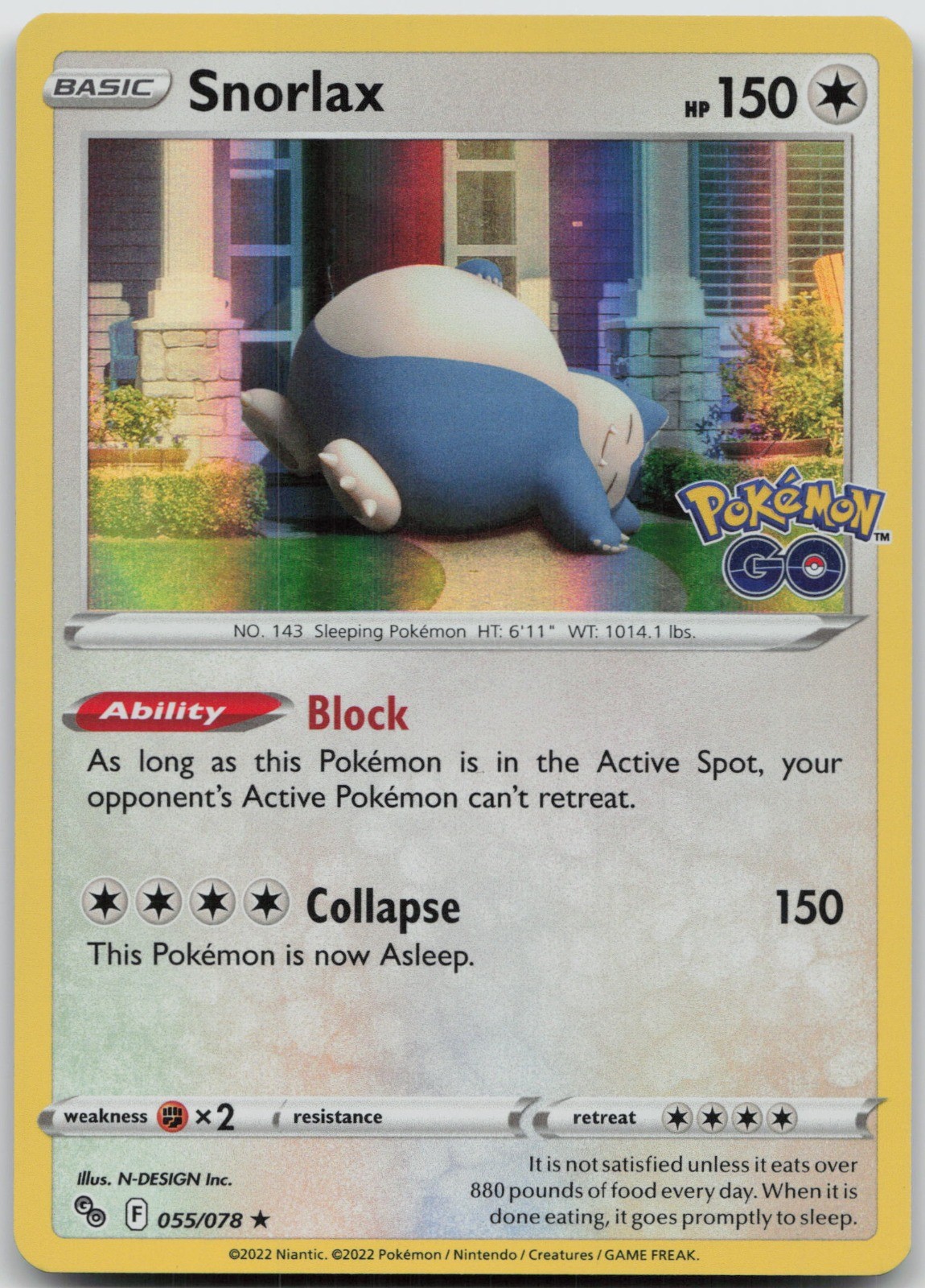 Snorlax Holo Rare Holo Pokemon GO 055/078 NM N-DESIGN Inc