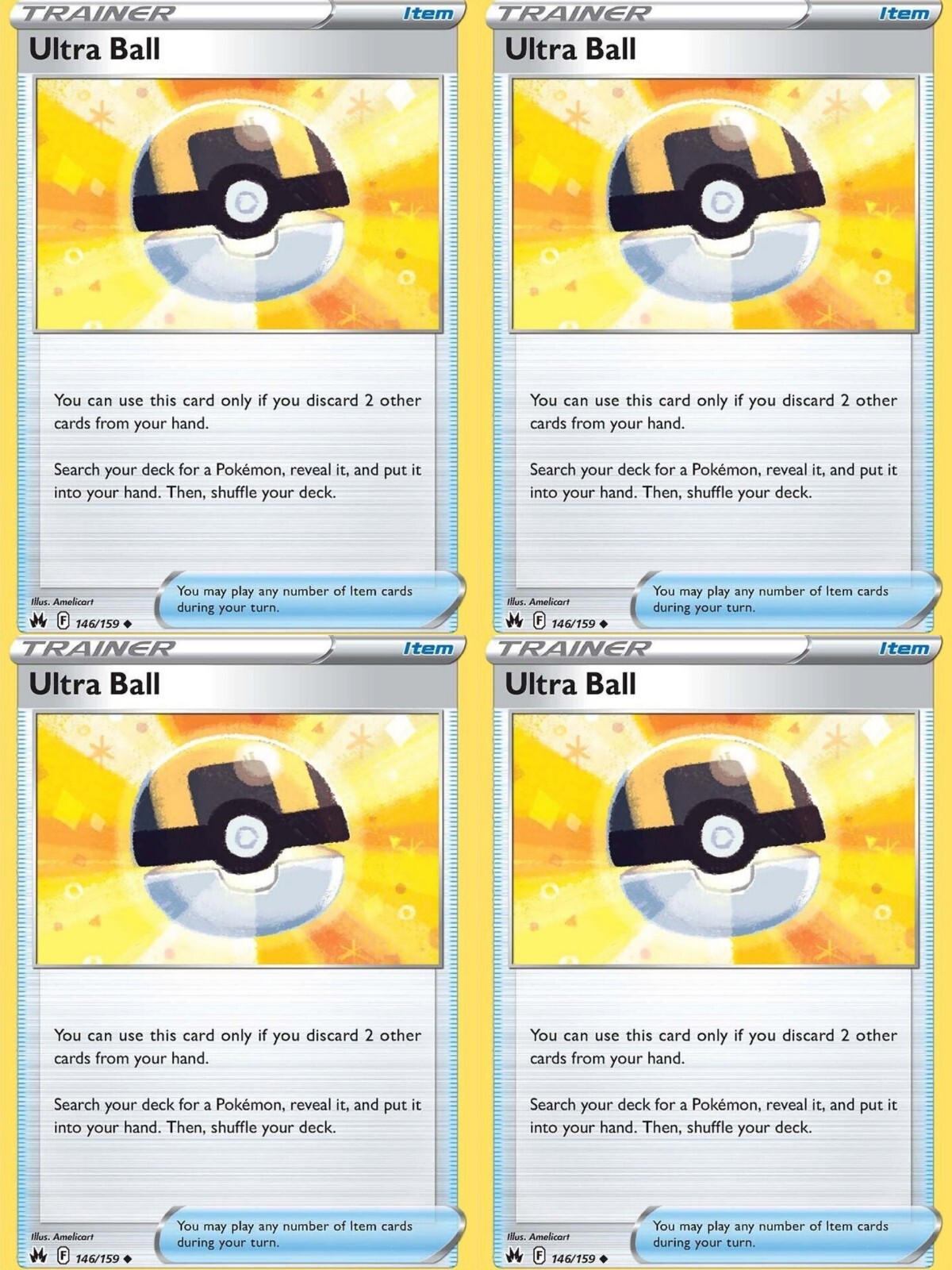 4x Ultra Ball Playset Trainer Card 146/159 Crown Zenith Pokemon TCG NM