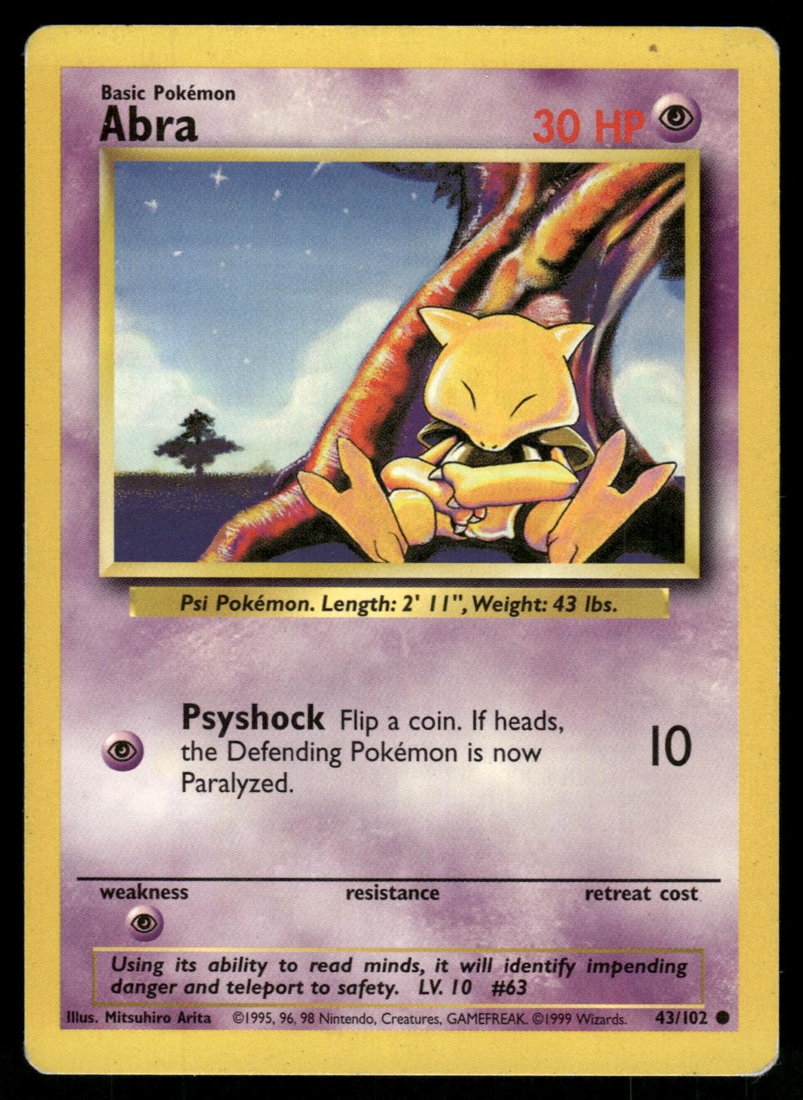 Abra 43/102 Common Base Set Unlimited Pokemon Moderately Played