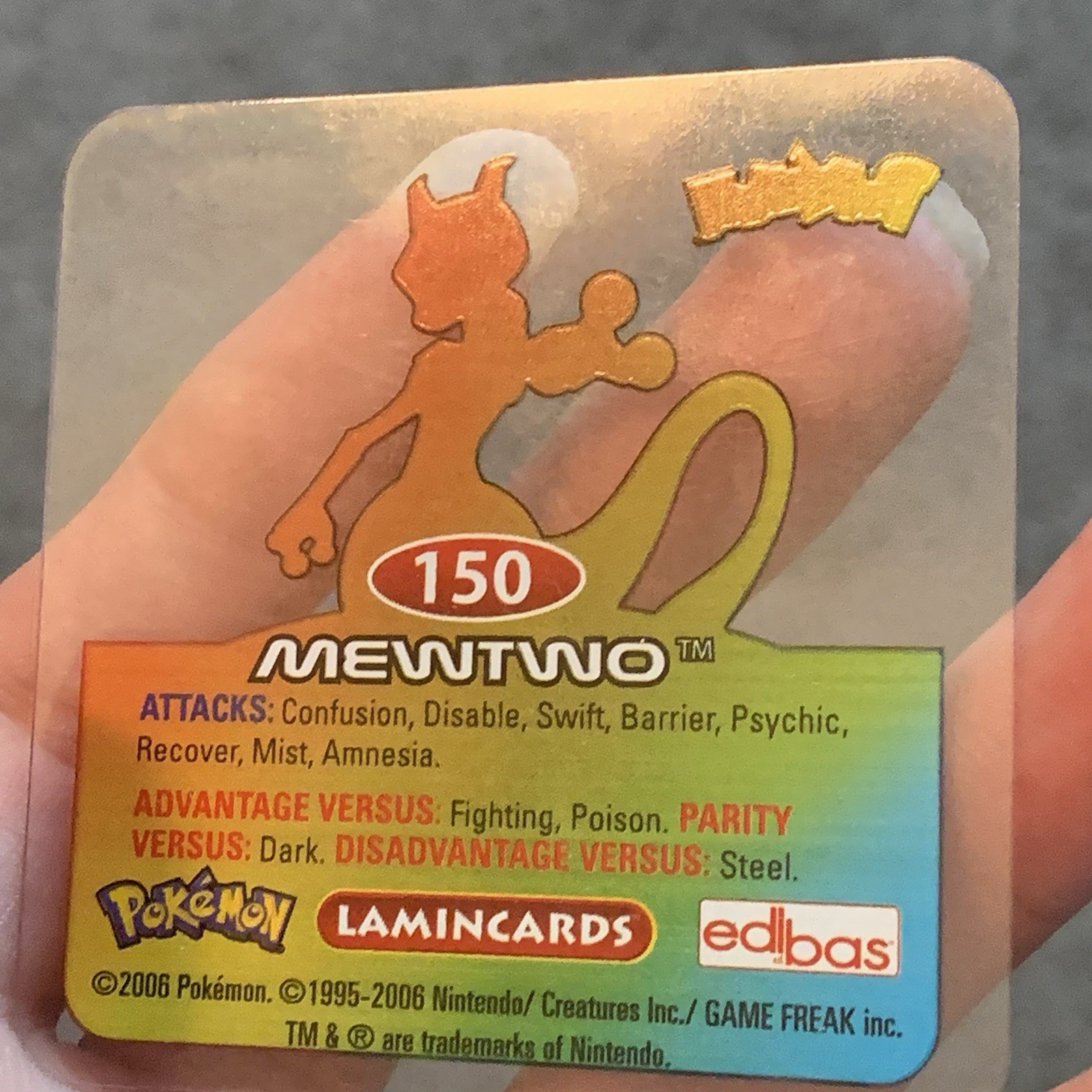 Pokemon Edibas Laminacards Mewtwo 150 Clear Plastic 2006 English Vintage Card