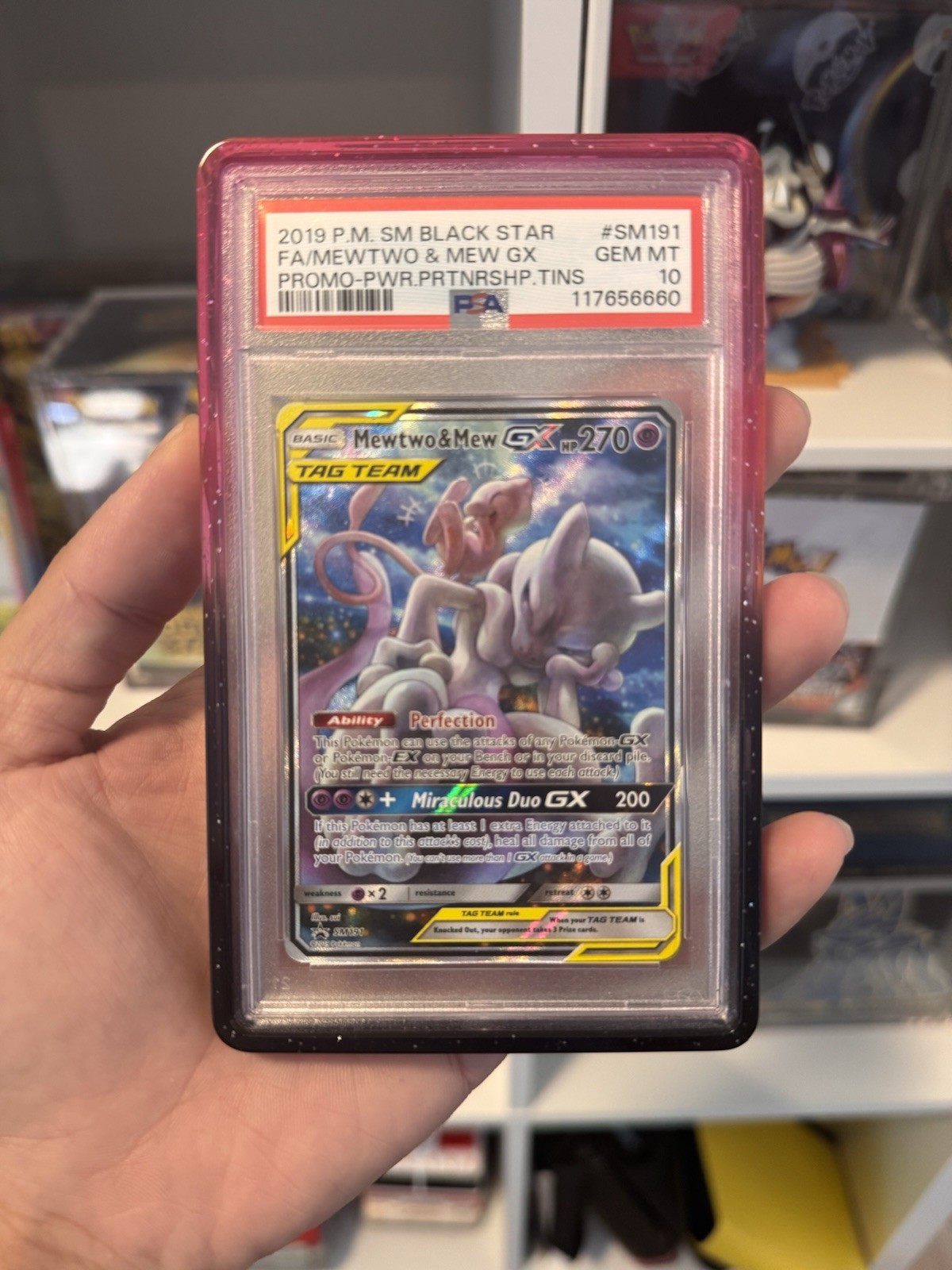 2019 Pokemon SM BSP Power Partnership Tins #SM191 FA Mewtwo & Mew GX PSA 10