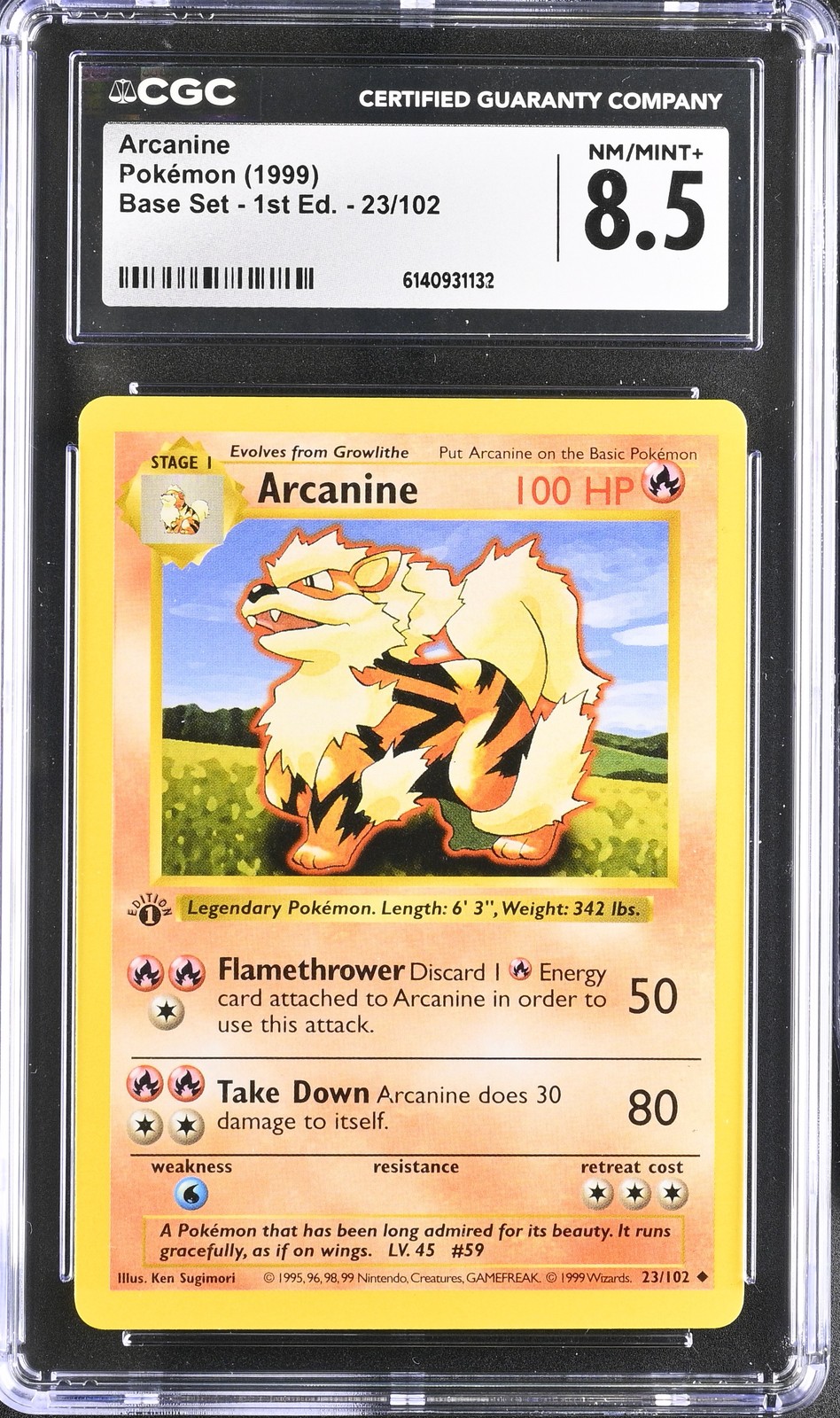 CGC 8.5 NM/MINT+ Arcanine 23/102 Base Set 1st Edition Shadowless Pokemon Card