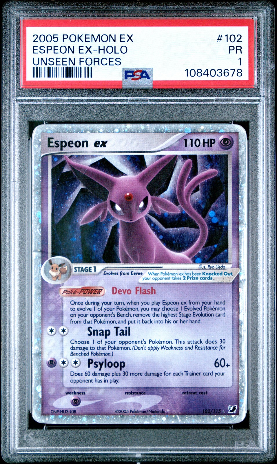 2005 POKEMON EX UNSEEN FORCES #102 ESPEON EX-HOLO PSA 1