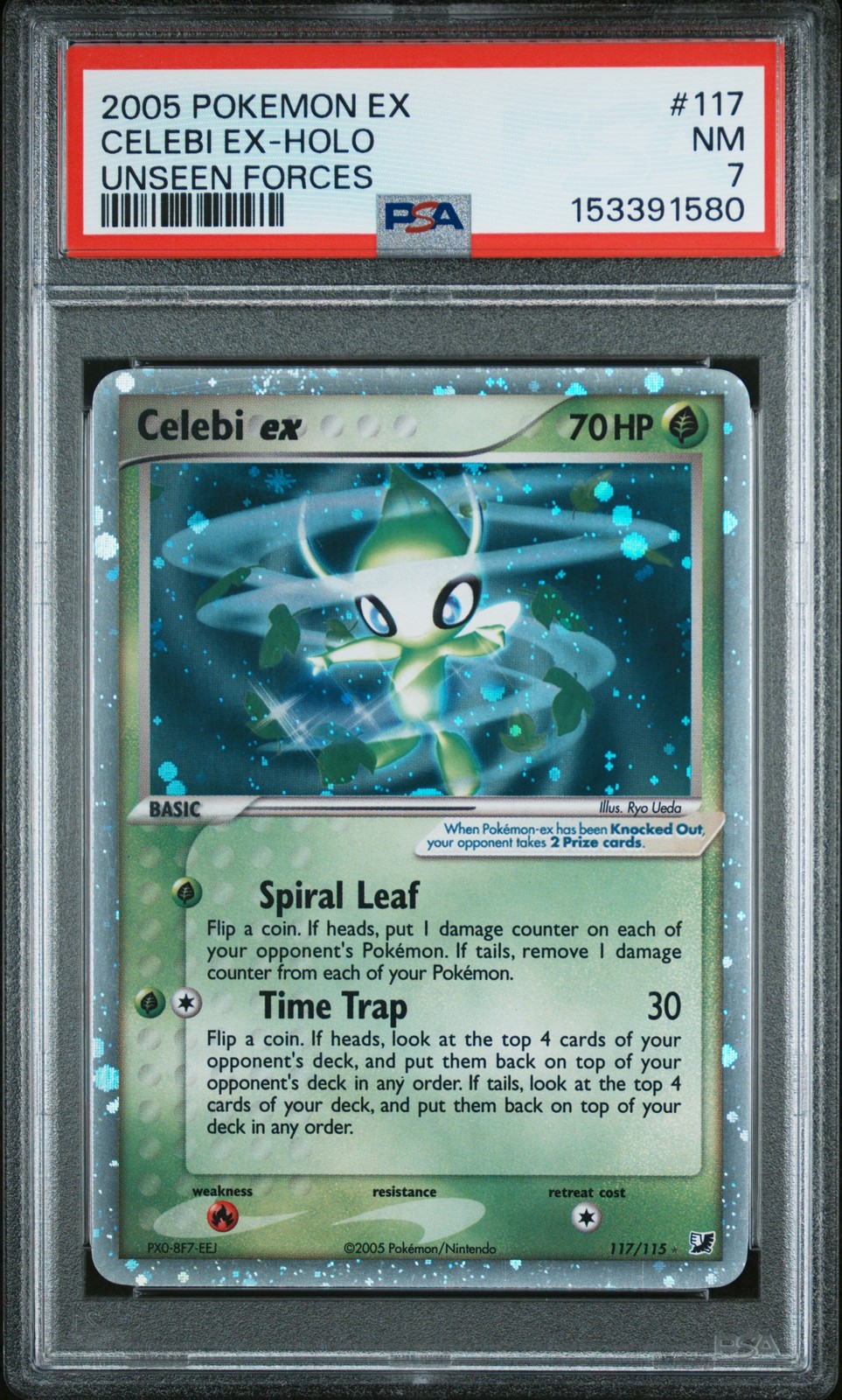 2005 POKEMON EX UNSEEN FORCES #117 CELEBI EX-HOLO PSA 7