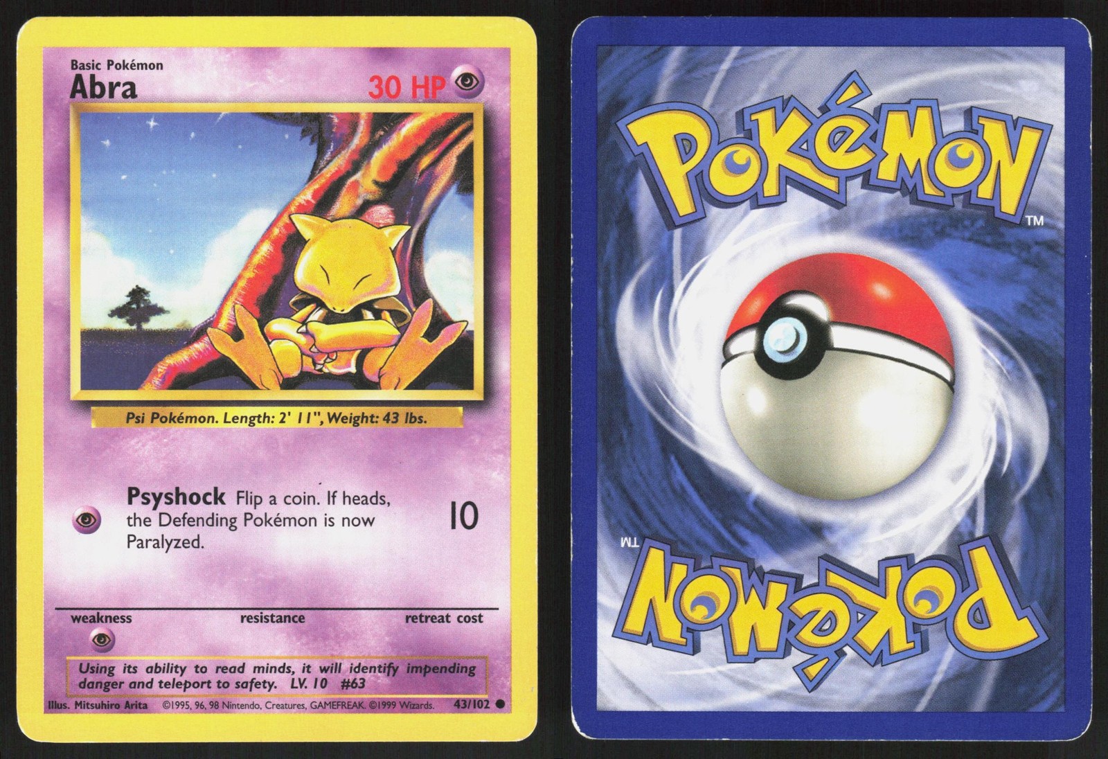 Abra 43/102 – Vintage Pokemon Base Set Unlimited – Common – MP/HP
