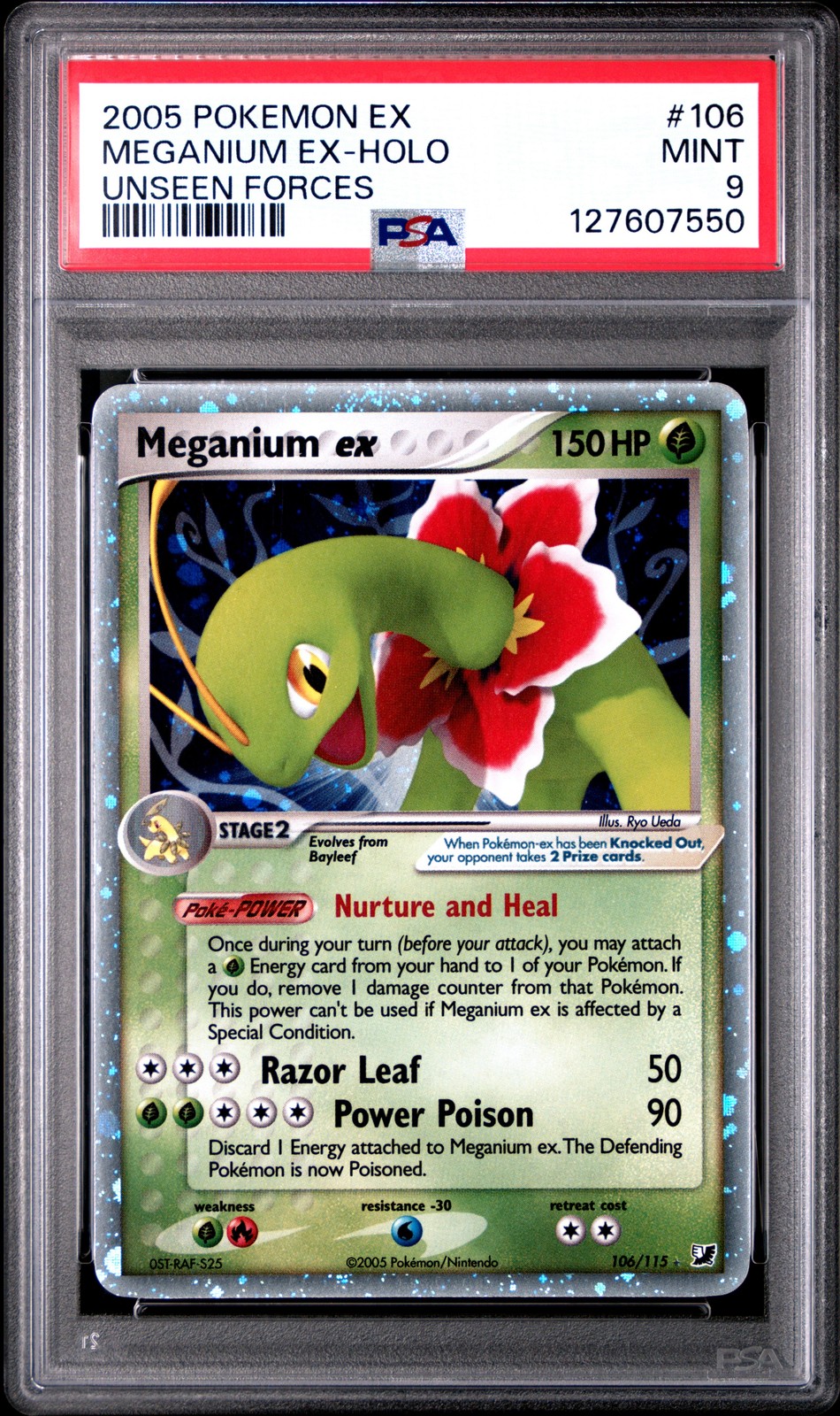 2005 POKEMON EX UNSEEN FORCES #106 MEGANIUM EX-HOLO PSA 9
