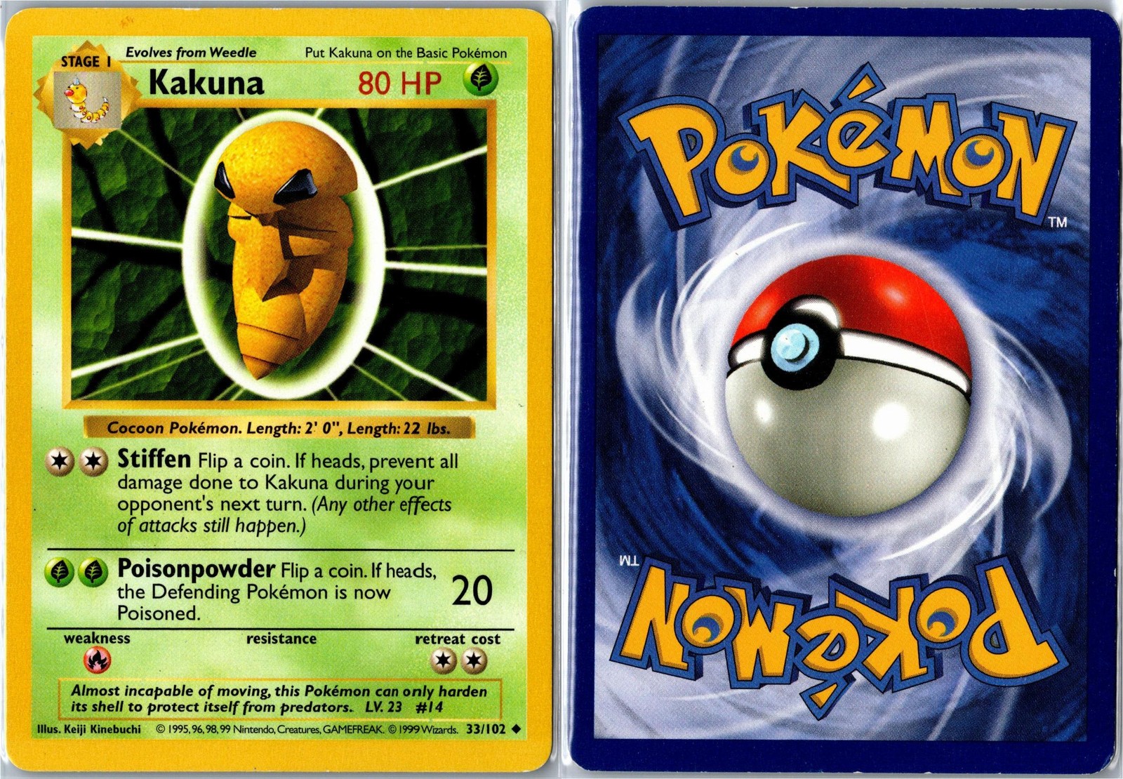 Pokemon Card – Kakuna Base Set Shadowless 33/102 1999 Uncommon Moderately Played