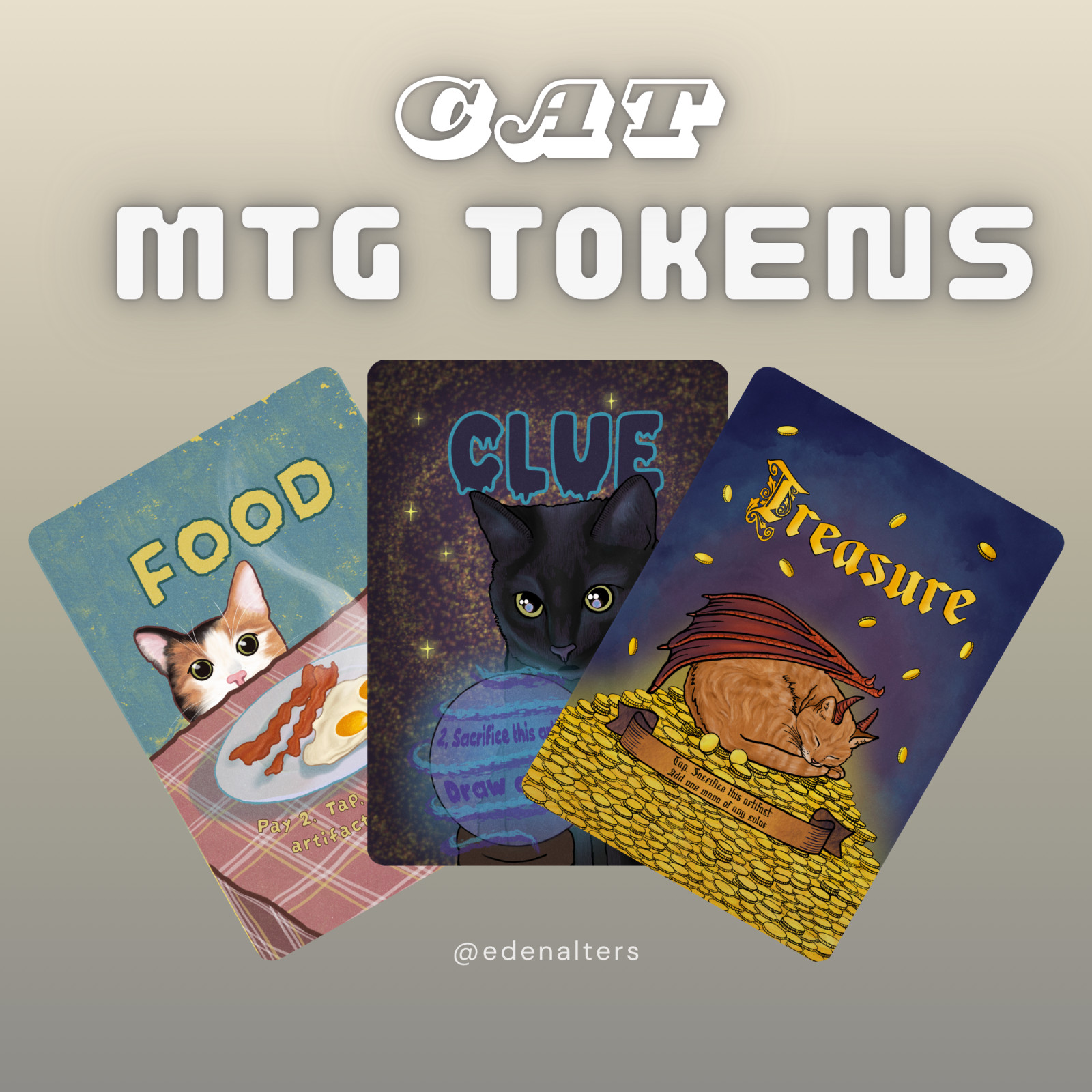 MTG Cat Token Set: Treasure, Food, and Clue Token Original Full Art Eden Alters