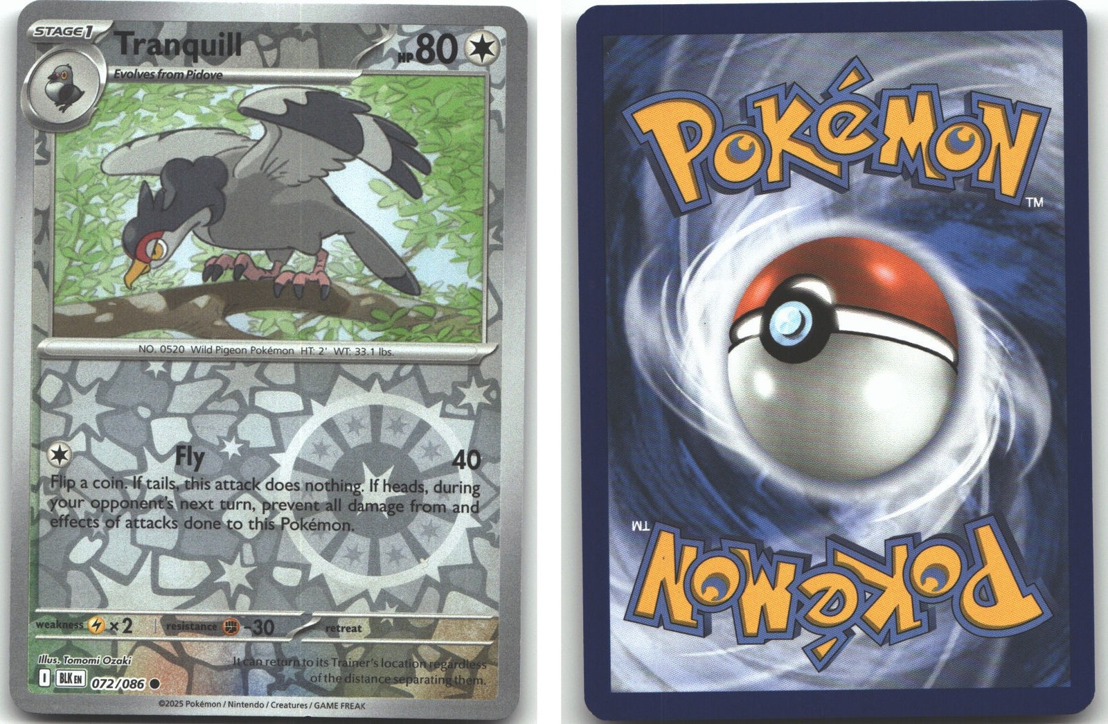 Tranquill 072/086 SV: Black Bolt Reverse Holofoil Pokemon (LP-NM)