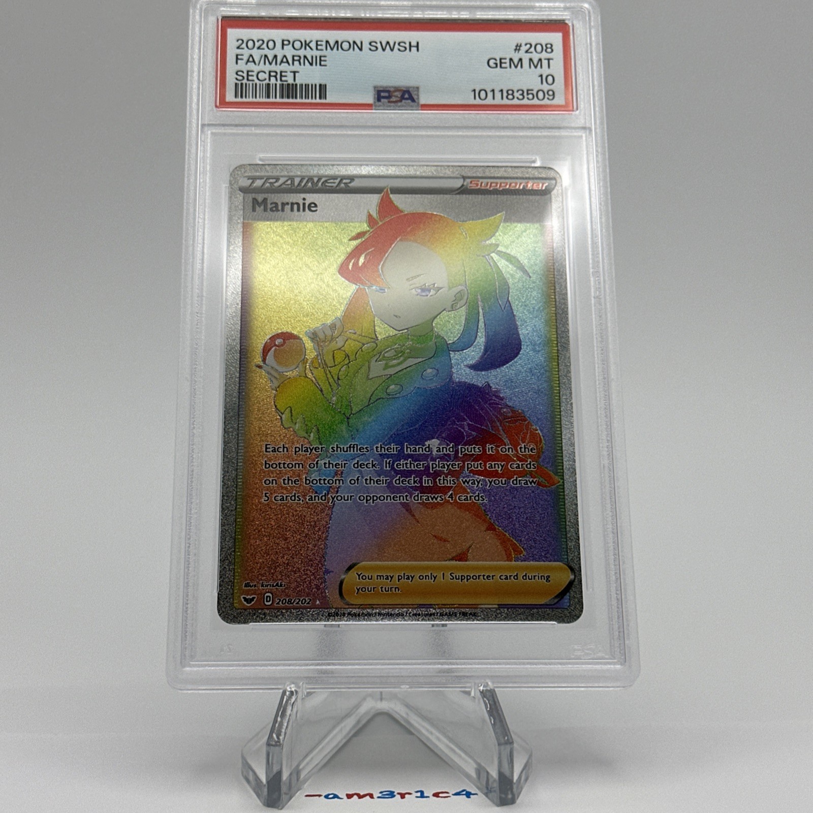 PSA 10 GM MT Pokemon Card Marnie 208/202 Secret Rare Sword Shield Base Set