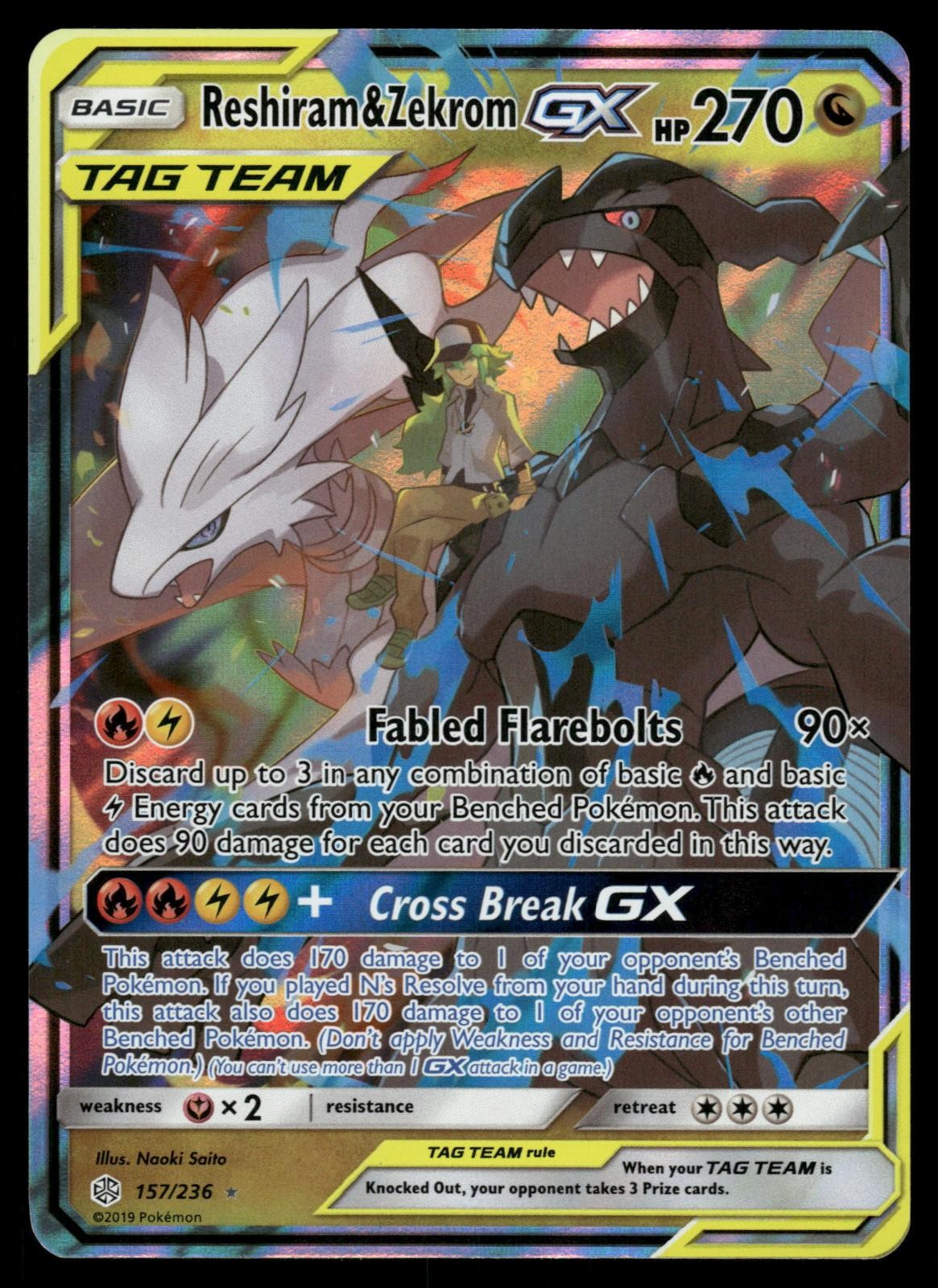 Reshiram & Zekrom GX 157/236 Holo GX Rare Cosmic Eclipse Pokemon Lightly Played