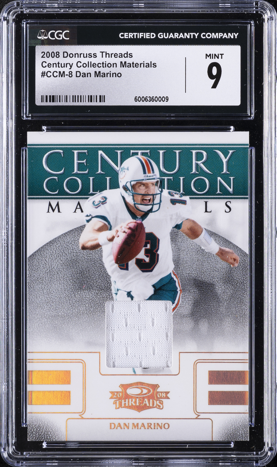 2008 DONRUSS THREADS CENTURY COLLECTION MATERIALS DAN MARINO 142/250 CGC 9